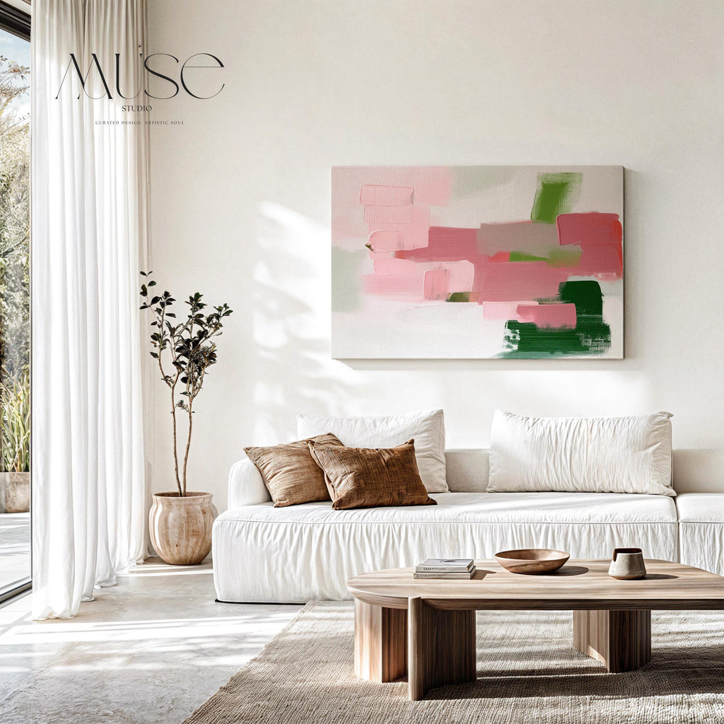 Muted Blush and Green Canvas Wall Art Soft Abstract Painting for Living Room or Bedroom Modern Minimalist Decor | Muse Studio 316