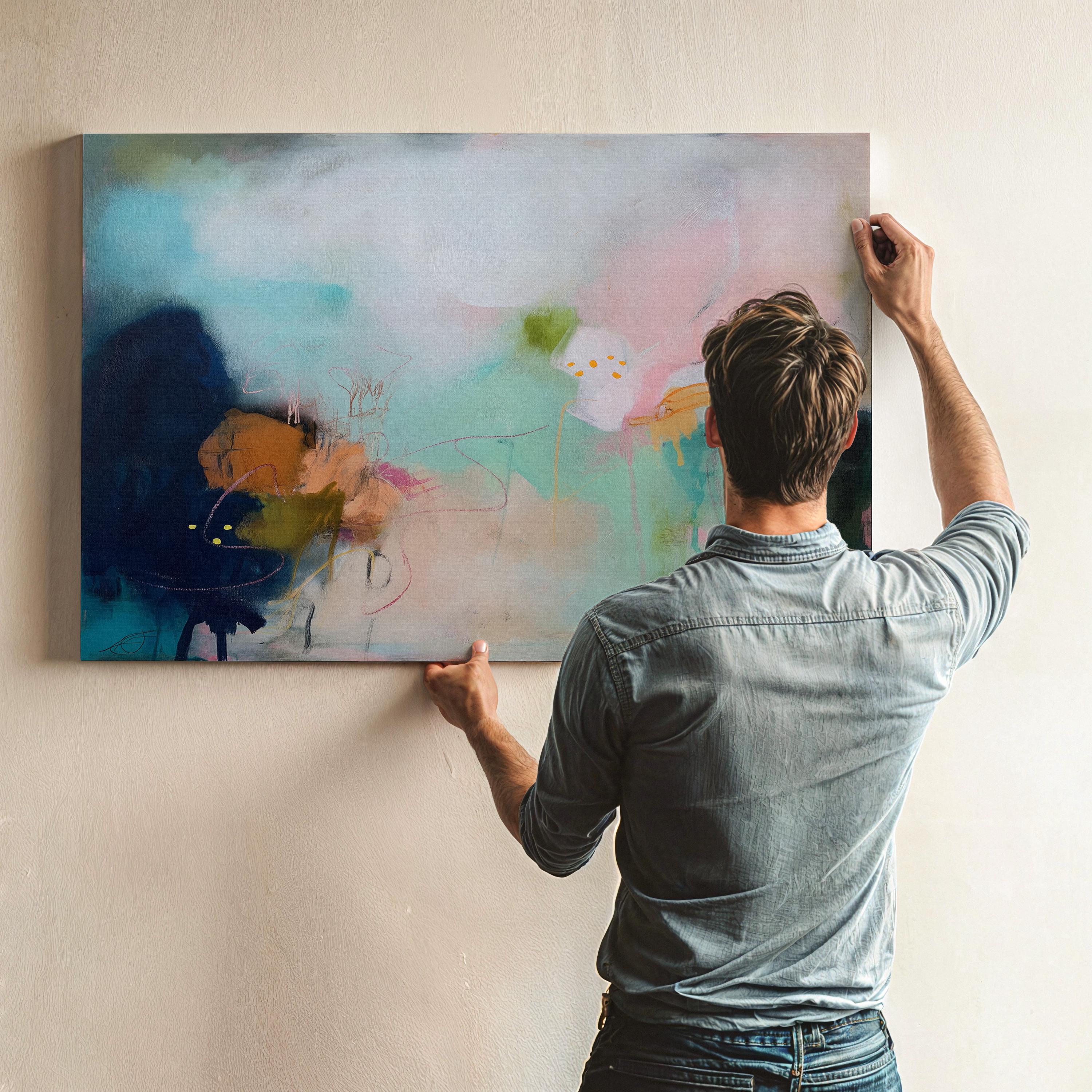 Coastal abstract wall art by Muse Studio featuring aqua, blush pink, moss green, peach, and inky blue painterly layers with delicate linework and a surreal ocean-garden composition. Coral Gardens No. 428 is styled for serene minimal ocean decor, modern bedroom wall art, living room canvas decor, and creative studio spaces, printed with museum-grade giclée inks on premium gallery-wrapped artist canvas with framed canvas options.