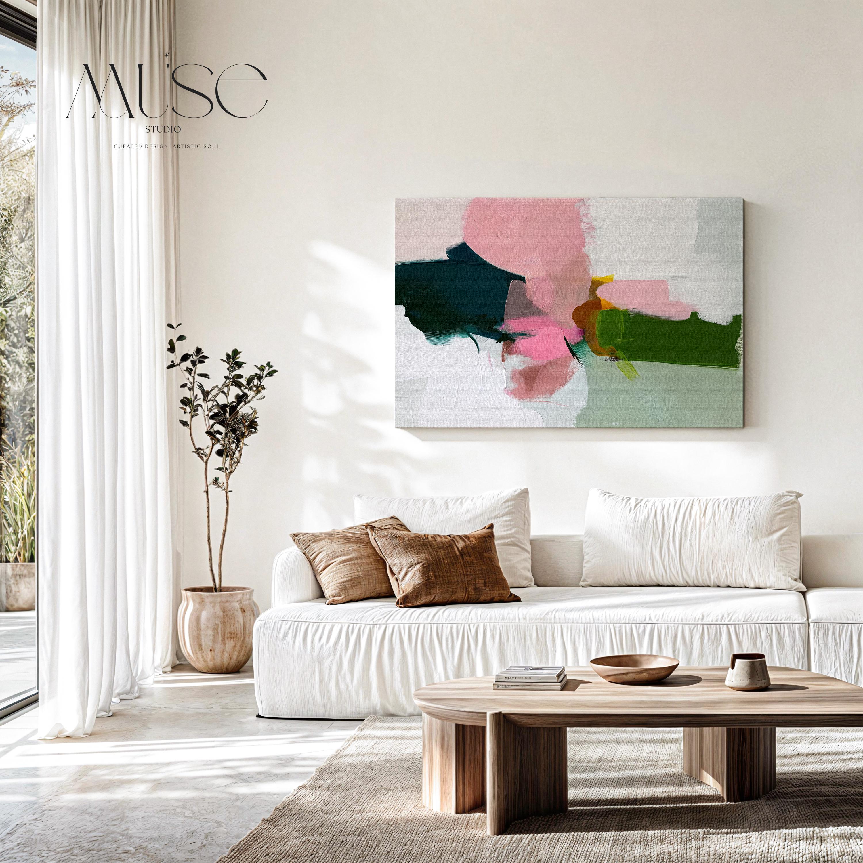 Blush and Green Framed Canvas Wall Art Abstract Decor for Living Room or Entryway Soft Modern Painting | Muse Studio 432 Stretched Canvas Art Large abstract wall decor on stretched canvas, gallery-wrapped and ready to hang. Perfect for colorful wall art in living rooms, office spaces, and design projects. Giclée canvas print with bold brushwork and vibrant modern style for impactful home decor. Muse Studio Decor Art.