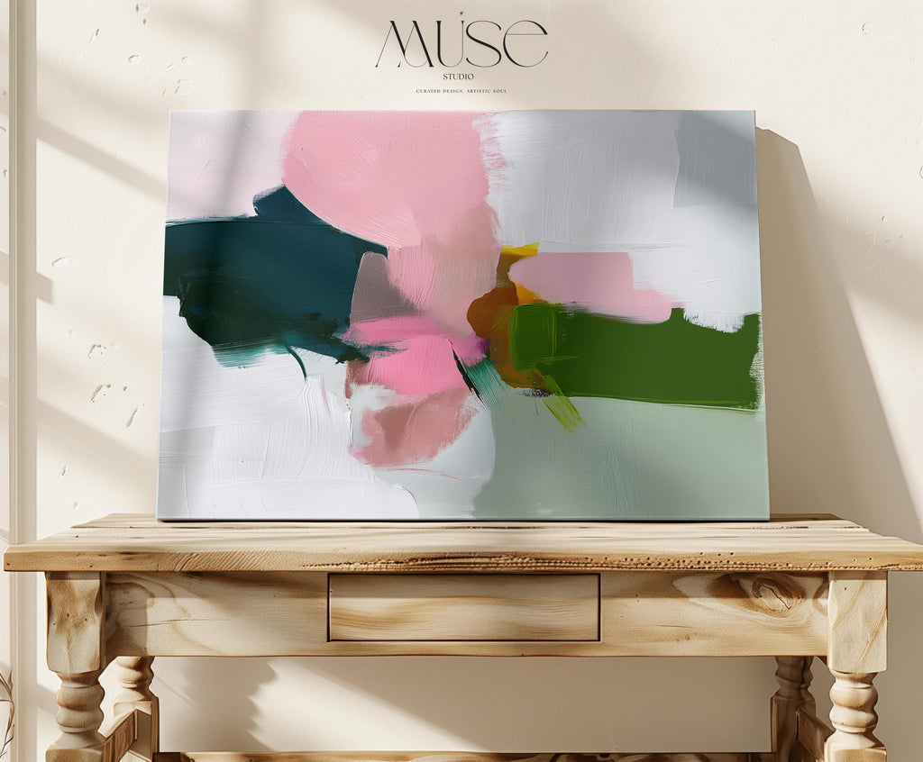 Blush and Green Framed Canvas Wall Art Abstract Decor for Living Room or Entryway Soft Modern Painting | Muse Studio 432 Stretched Canvas Art Large abstract wall decor on stretched canvas, gallery-wrapped and ready to hang. Perfect for colorful wall art in living rooms, office spaces, and design projects. Giclée canvas print with bold brushwork and vibrant modern style for impactful home decor. Muse Studio Decor Art.