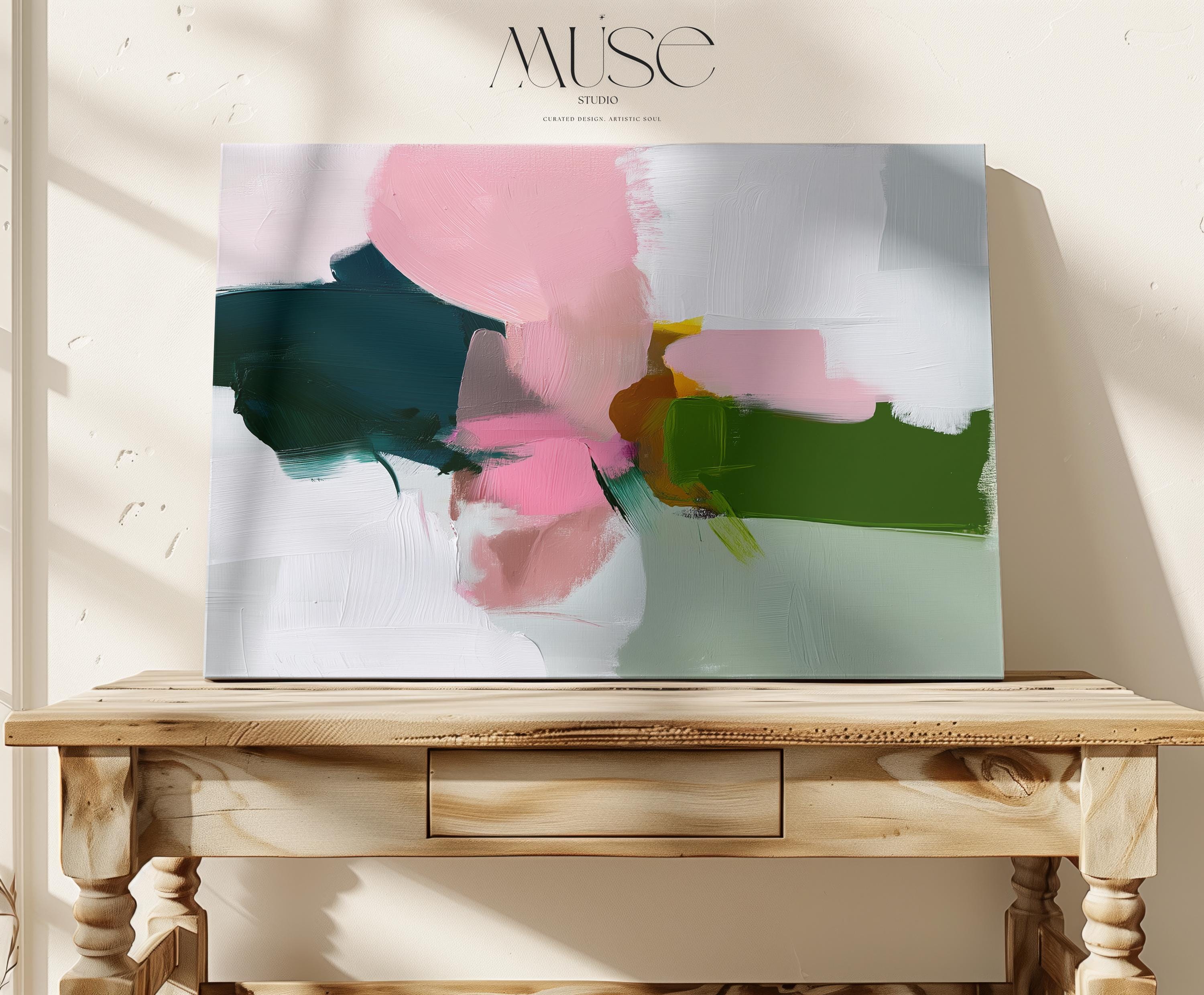 Blush and Green Framed Canvas Wall Art Abstract Decor for Living Room or Entryway Soft Modern Painting | Muse Studio 432 Stretched Canvas Art Large abstract wall decor on stretched canvas, gallery-wrapped and ready to hang. Perfect for colorful wall art in living rooms, office spaces, and design projects. Giclée canvas print with bold brushwork and vibrant modern style for impactful home decor. Muse Studio Decor Art.
