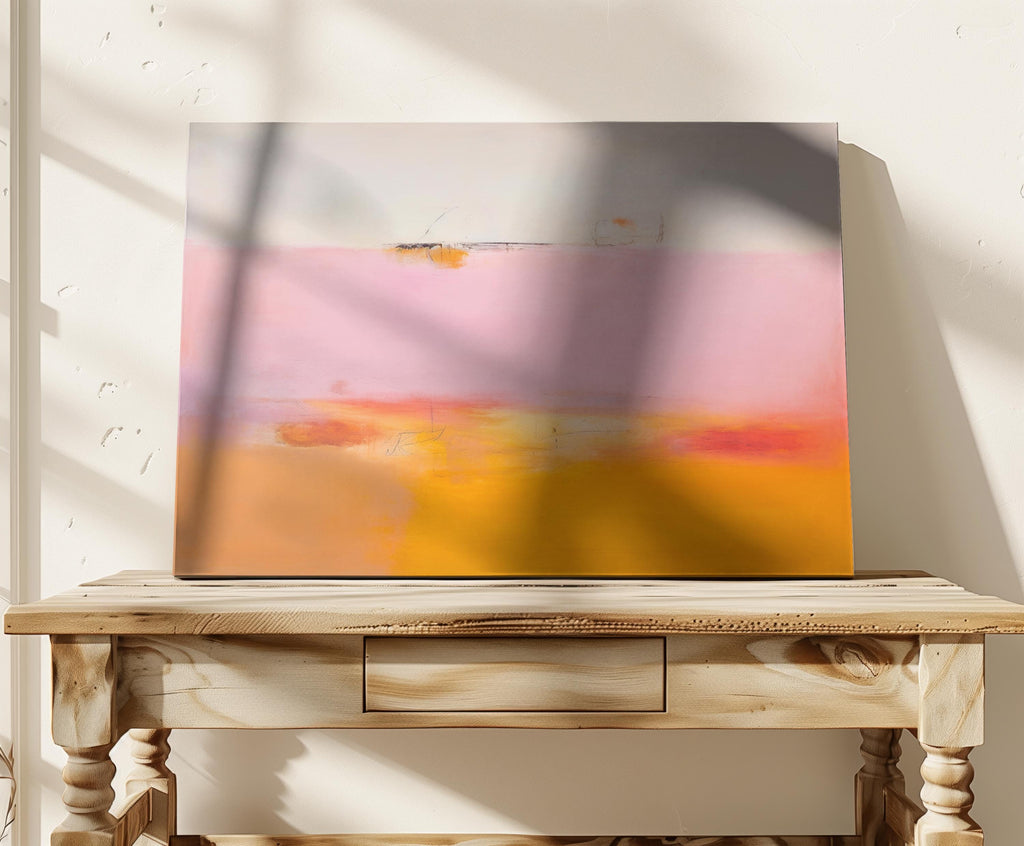 Large colorful abstract art print on stretched canvas, gallery-wrapped and ready to hang. Perfect for vibrant wall decor in homes, modern offices, and staging projects. Giclée canvas print featuring bold brushstrokes, expressive color, and modern statement style. Horizontal Abstract Wall Art Canvas Painting Pink Orange Modern Giclee Print Large Minimalist Artwork for Living Room or Office 068