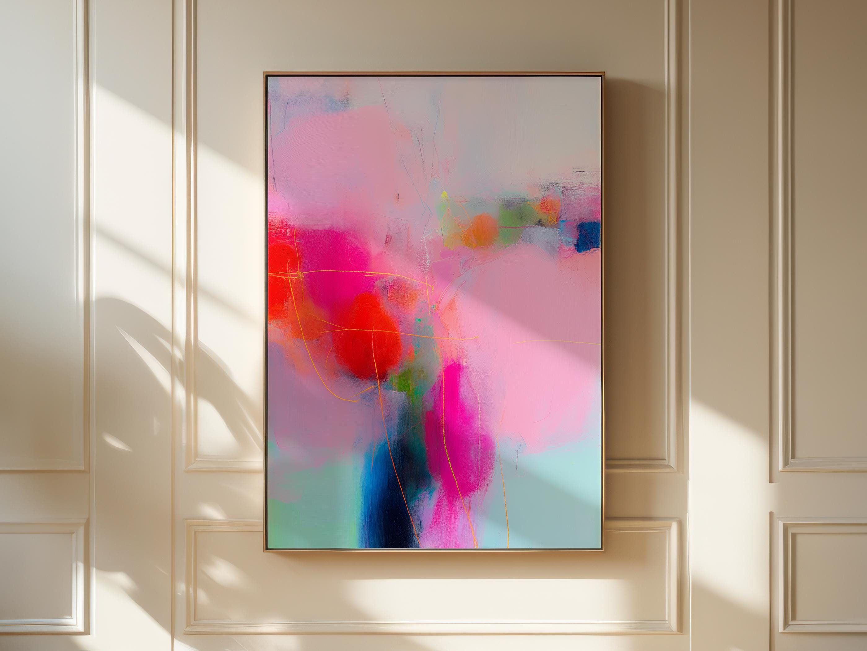 Framed Vertical Canvas Art in Pink and Coral, Colorful Abstract Wall Decor for Bedroom or Office, Bold Dopamine Design Modern Interiors 435
