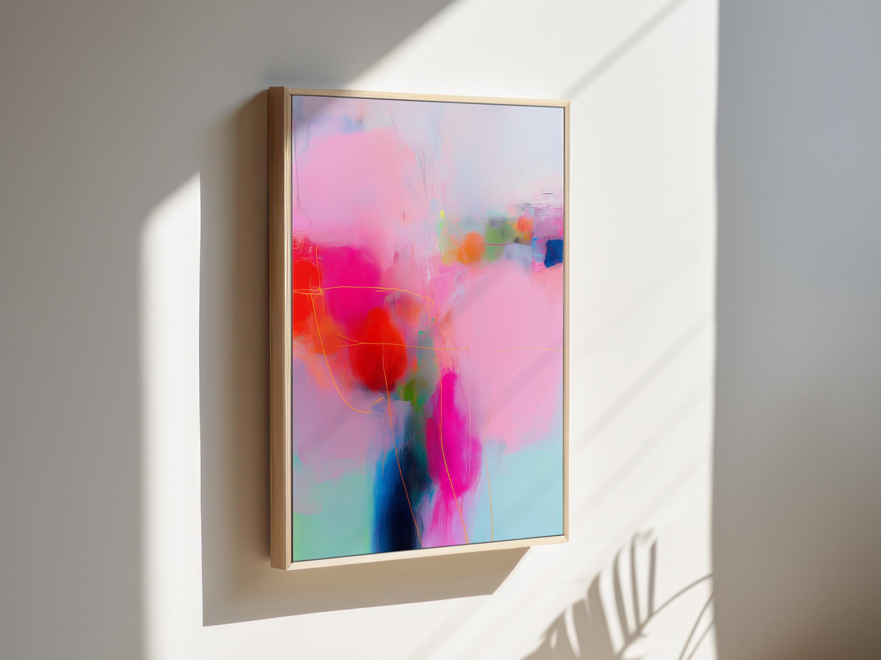 Framed Vertical Canvas Art in Pink and Coral, Colorful Abstract Wall Decor for Bedroom or Office, Bold Dopamine Design Modern Interiors 435