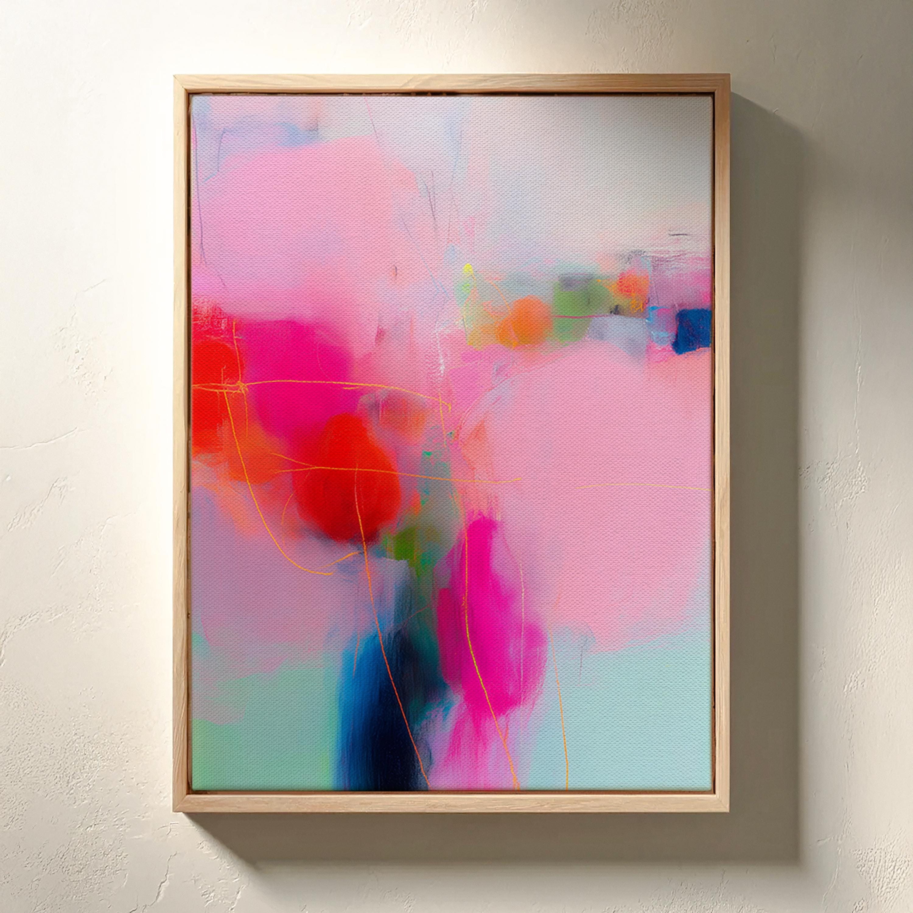 Framed Vertical Canvas Art in Pink and Coral, Colorful Abstract Wall Decor for Bedroom or Office, Bold Dopamine Design Modern Interiors 435