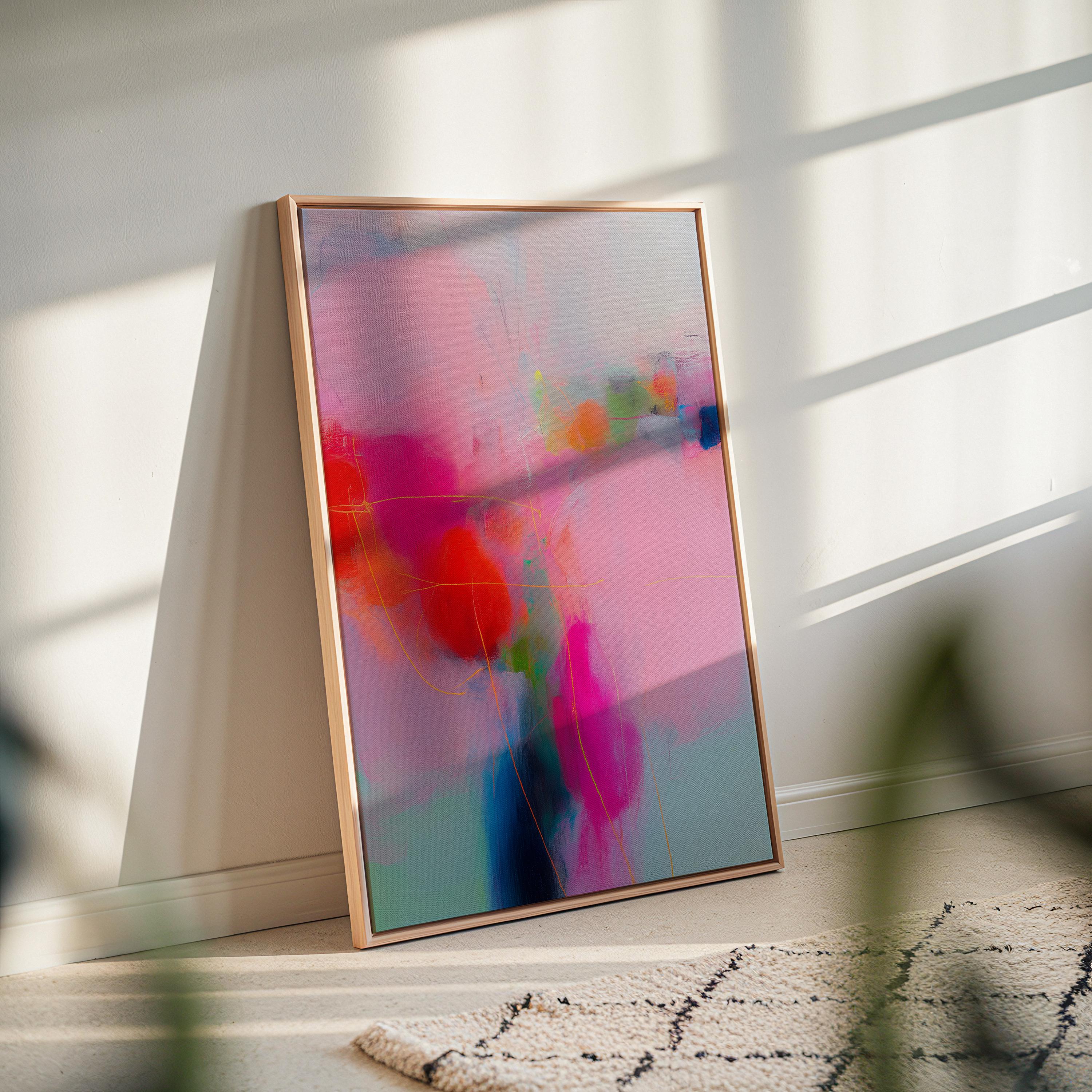 Framed Vertical Canvas Art in Pink and Coral, Colorful Abstract Wall Decor for Bedroom or Office, Bold Dopamine Design Modern Interiors 435