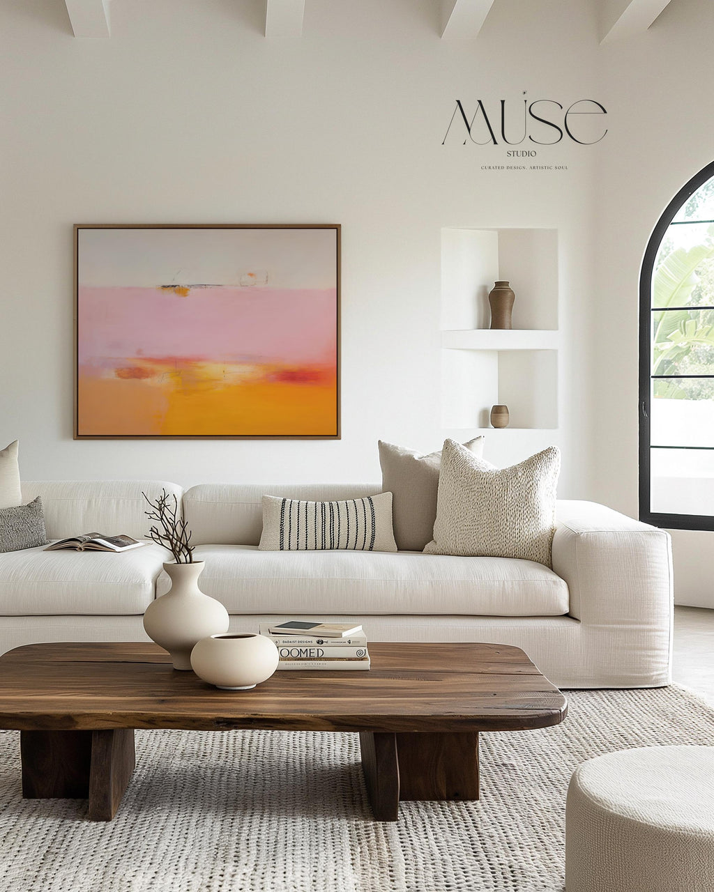 Framed Abstract Wall Art Horizontal Canvas Painting Pink Orange Minimalist Modern Giclee Print Large Living Room Decor for Home 068 Colorful abstract wall art staged in modern neutral home decor. Large statement art print displayed in living room, bedroom, or office space. Vibrant canvas or giclée print adds bold style to contemporary interiors, perfect for home decor, office staging, and design projects