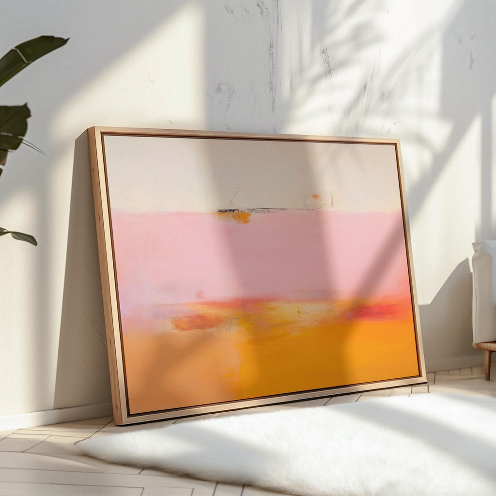 Colorful abstract wall art staged in modern neutral home decor. Large statement art print displayed in living room, bedroom, or office space. Vibrant canvas or giclée print adds bold style to contemporary interiors, perfect for home decor, office staging, and design projects Framed Abstract Wall Art Horizontal Canvas Painting Pink Orange Minimalist Modern Giclee Print Large Living Room Decor for Home 068