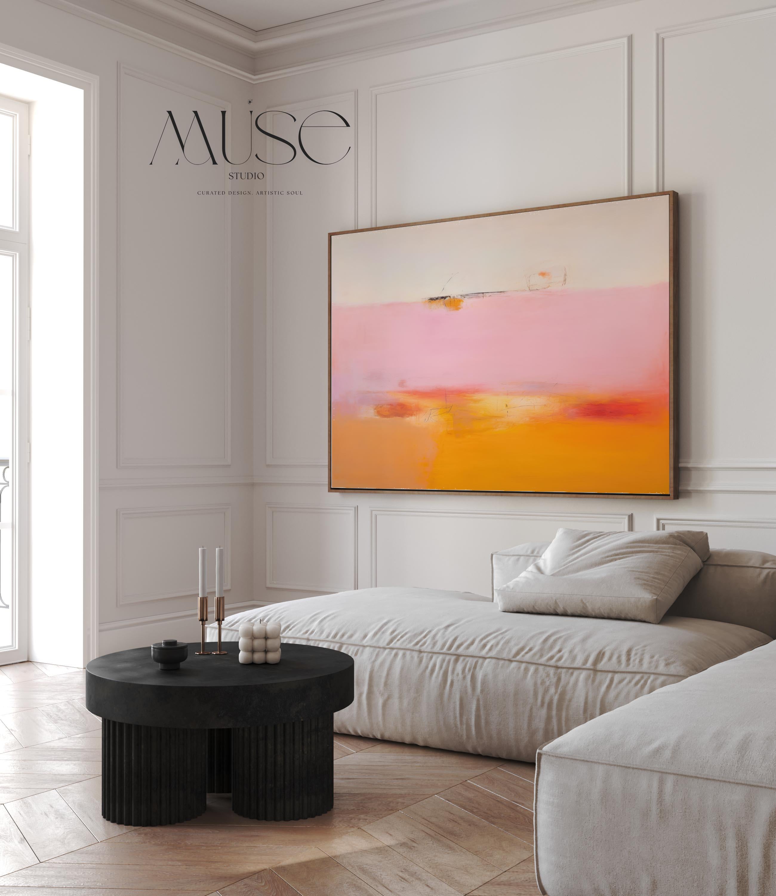Framed Abstract Wall Art Horizontal Canvas Painting Pink Orange Minimalist Modern Giclee Print Large Living Room Decor for Home 068 Colorful abstract wall art staged in modern neutral home decor. Large statement art print displayed in living room, bedroom, or office space. Vibrant canvas or giclée print adds bold style to contemporary interiors, perfect for home decor, office staging, and design projects