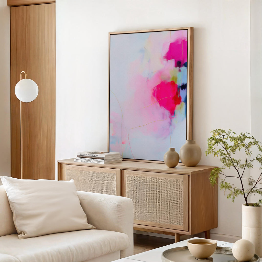 Blush and Pink Framed Canvas Wall Art Soft Modern Decor for Bedroom or Nursery Abstract Pastel Painting | Muse Studio 436 Framed Canvas Art Colorful abstract wall art on framed canvas, perfect for bold decor art and modern wall decor. Large statement piece with expressive brushstrokes and rich textures. Ready-to-hang giclée canvas designed to energize living rooms, offices, and curated interiors. Muse Studio Decor Art.