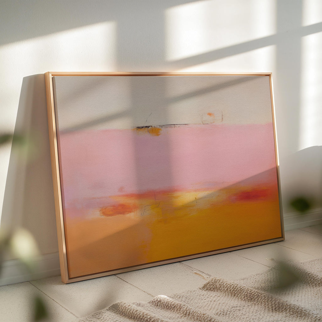 Colorful abstract art print on framed canvas, perfect for vibrant wall decor, modern home design, office decor, and staging projects. Large statement art featuring bold brushstrokes and colorful texture. Ready-to-hang giclée canvas adds energy to any living space. Framed Abstract Wall Art Horizontal Canvas Painting Pink Orange Minimalist Modern Giclee Print Large Living Room Decor for Home 068