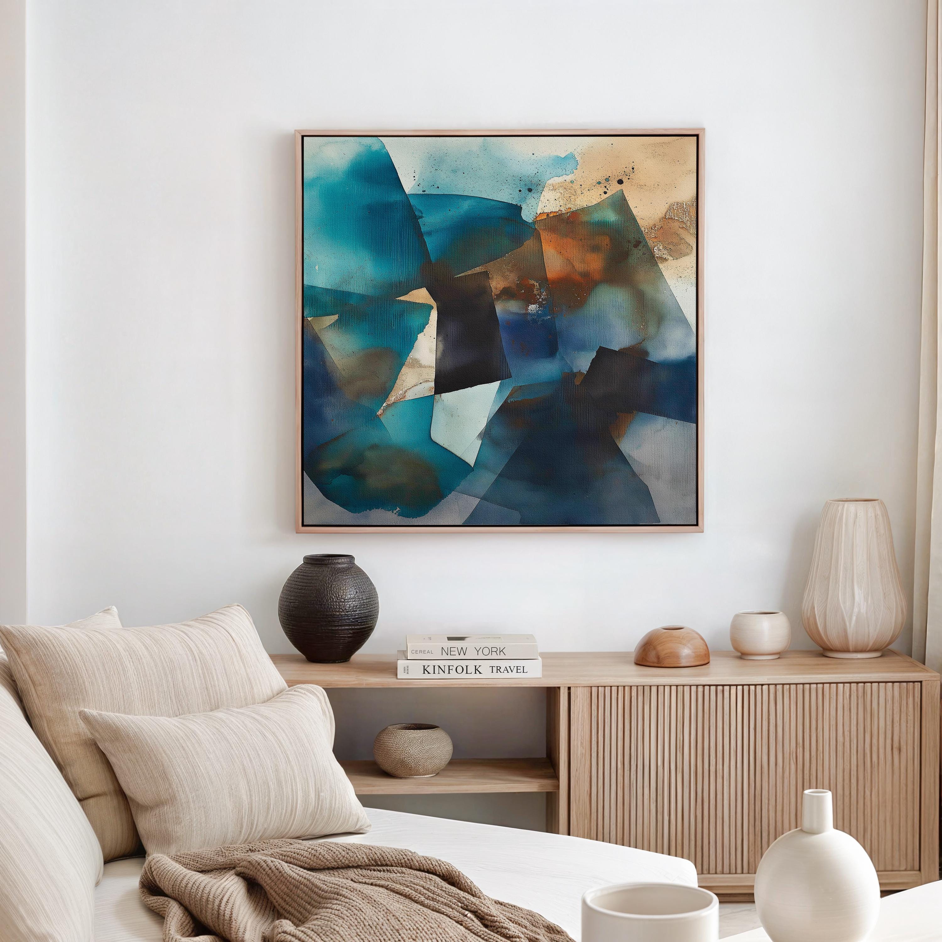 Square abstract wall art featuring deep teal, black, and rust tones leaning against a textured sunlit wall. Earthy modern framed canvas artwork with bold geometric movement, ideal for living room or designer interiors. Available as framed wall art or giclée canvas by Muse Studio.
