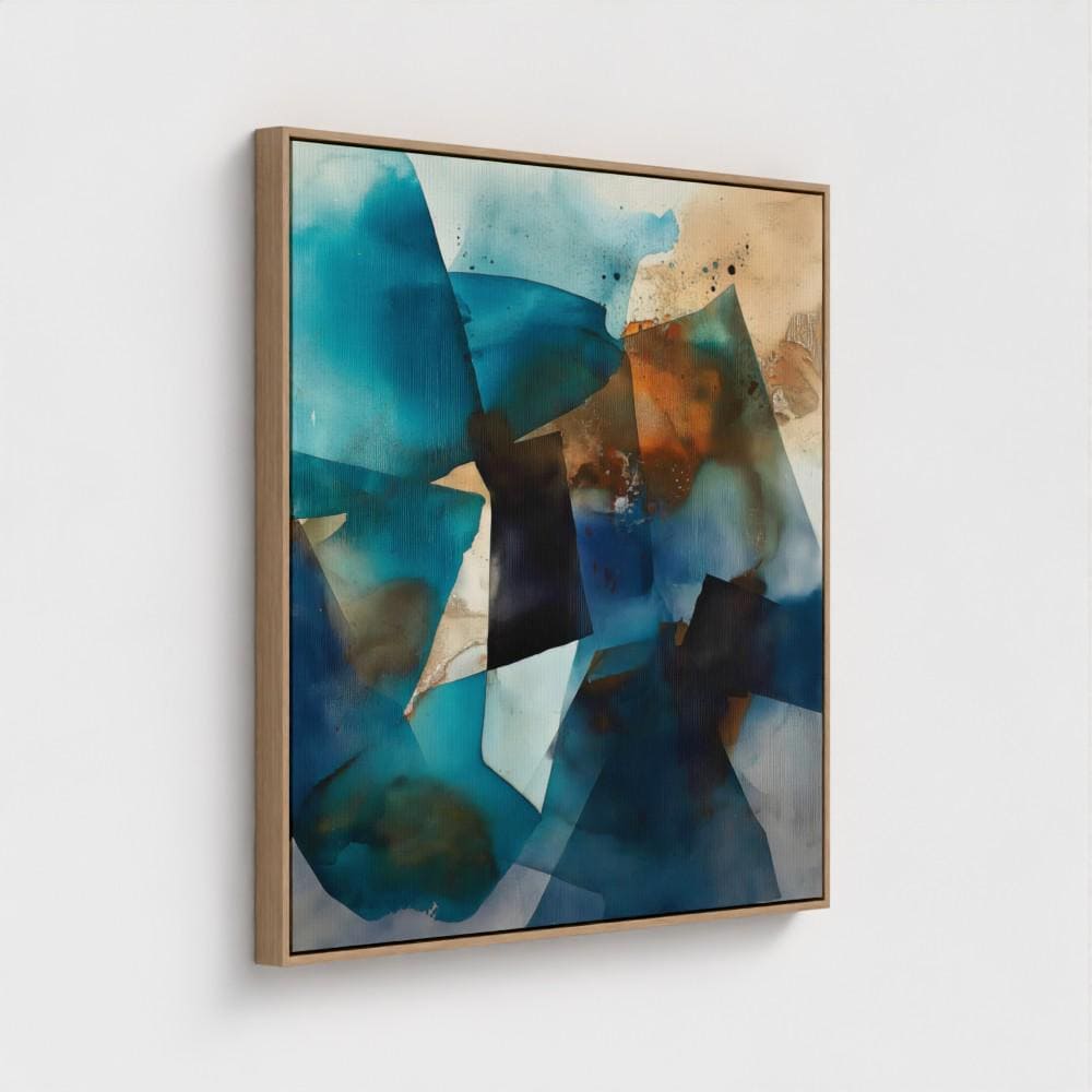 Square abstract wall art featuring deep teal, black, and rust tones leaning against a textured sunlit wall. Earthy modern framed canvas artwork with bold geometric movement, ideal for living room or designer interiors. Available as framed wall art or giclée canvas by Muse Studio.