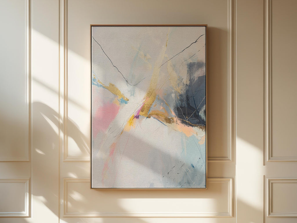 Framed Vertical Abstract Art Gold and White Canvas Painting Modern Pink Blue Giclee Wall Decor for Living Room or Office | 227