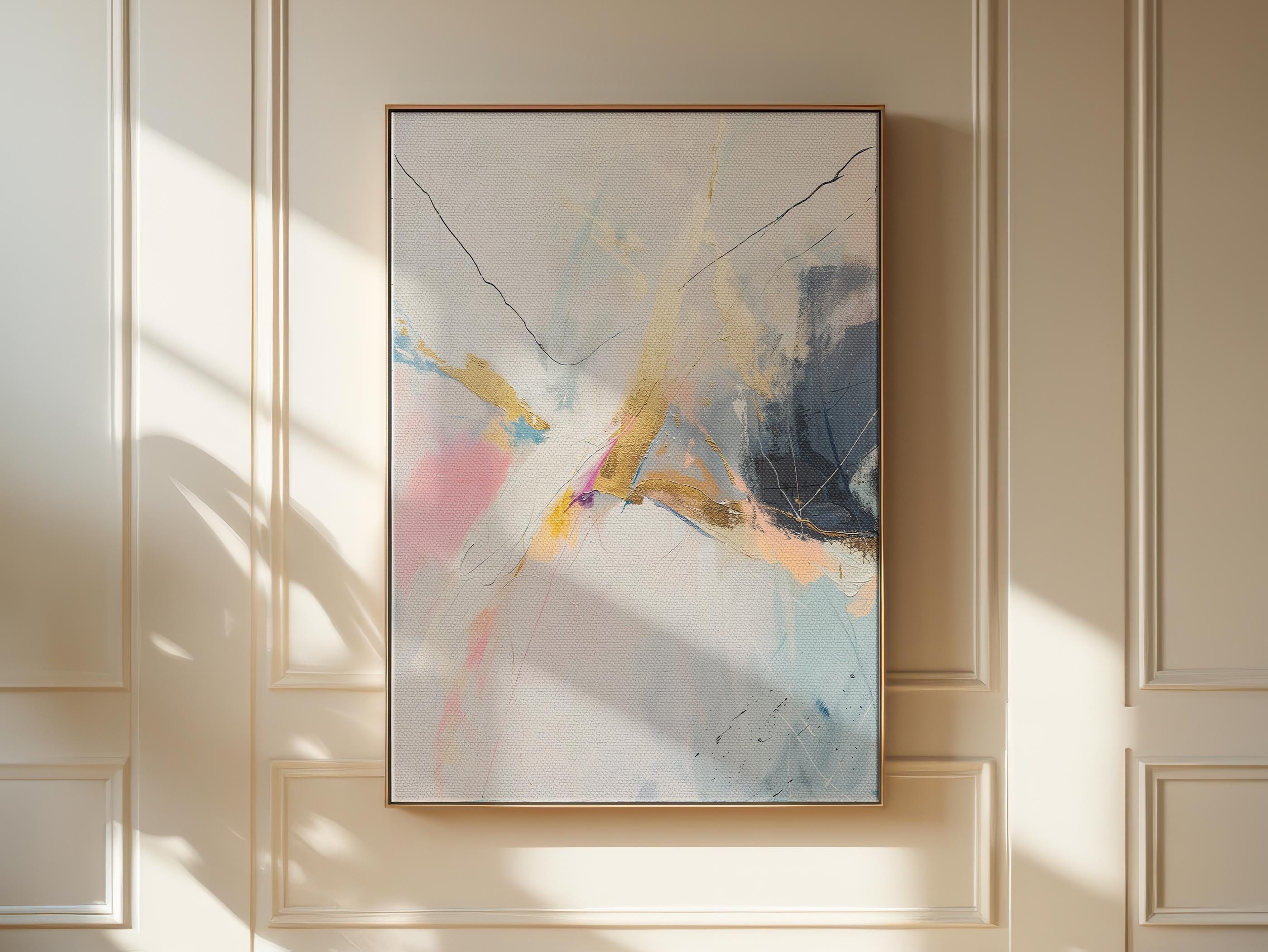 Framed Vertical Abstract Art Gold and White Canvas Painting Modern Pink Blue Giclee Wall Decor for Living Room or Office | 227