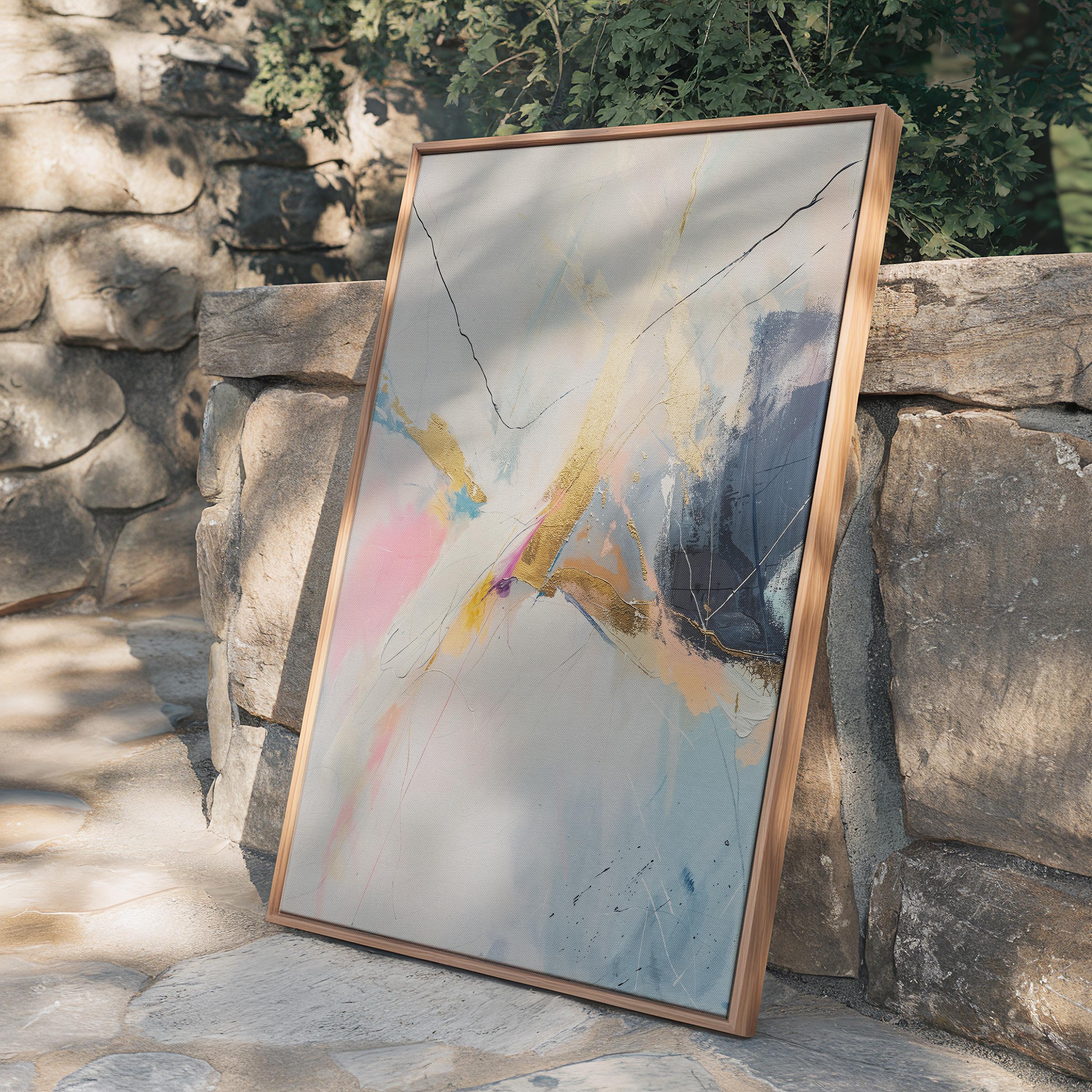 Framed Vertical Abstract Art Gold and White Canvas Painting Modern Pink Blue Giclee Wall Decor for Living Room or Office | 227