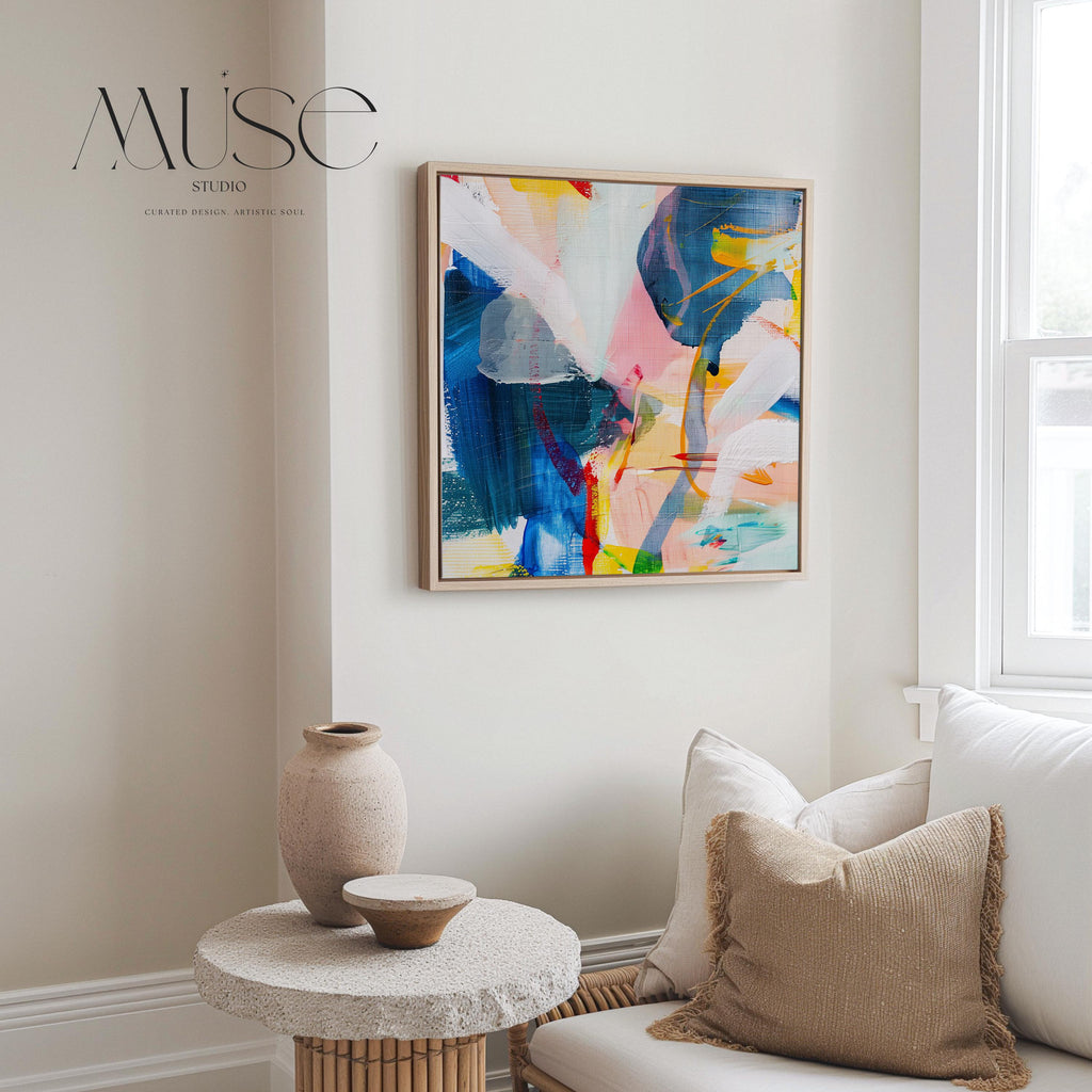 Framed Square Abstract Art Colorful Modern Canvas Painting Pink Blue Yellow Bold Giclee Wall Art for Living Room or Office | 336