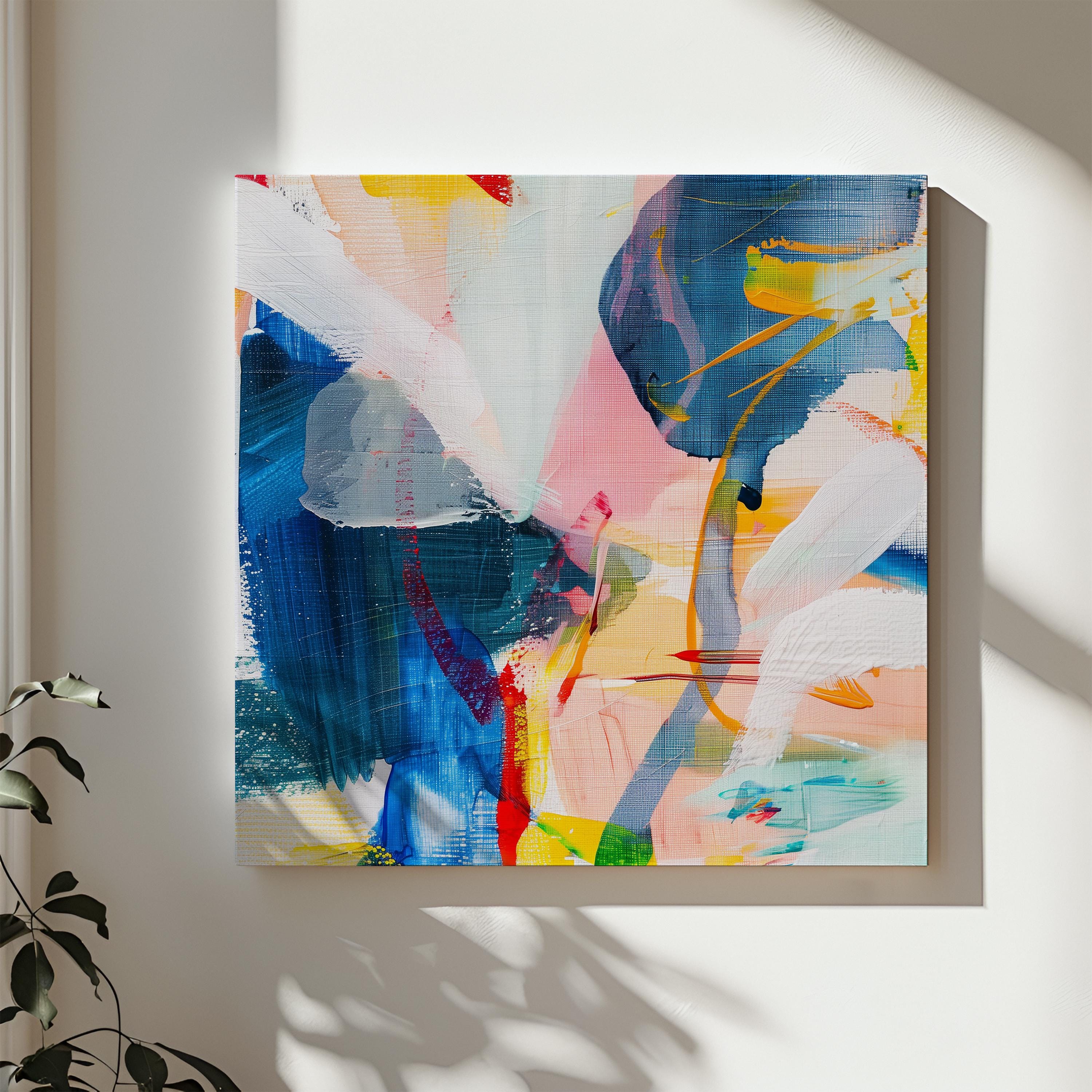 Muse Studio large abstract wall art canvas featuring a colorful contemporary composition in teal, pink, yellow, black, and neutral tones. This square giclée canvas print adds modern color pop style to office wall decor, living room styling, creative studio spaces, and oversized abstract art displays.