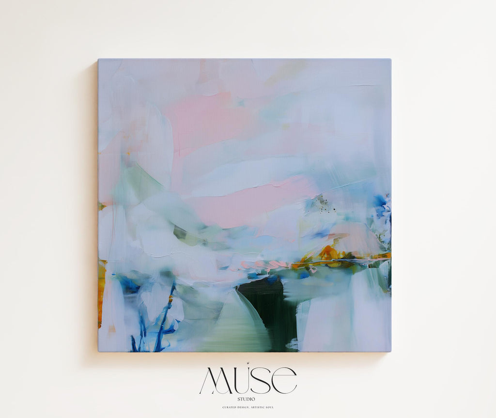Large colorful abstract art print on stretched canvas, gallery-wrapped and ready to hang. Perfect for vibrant wall decor in homes, modern offices, and staging projects. Giclée canvas print featuring bold brushstrokes, expressive color, and modern statement style. Soft Pastel Abstract Canvas Art Modern Landscape Painting Light Blue Pink Green Wall Decor Horizontal Statement | Muse Studio 420