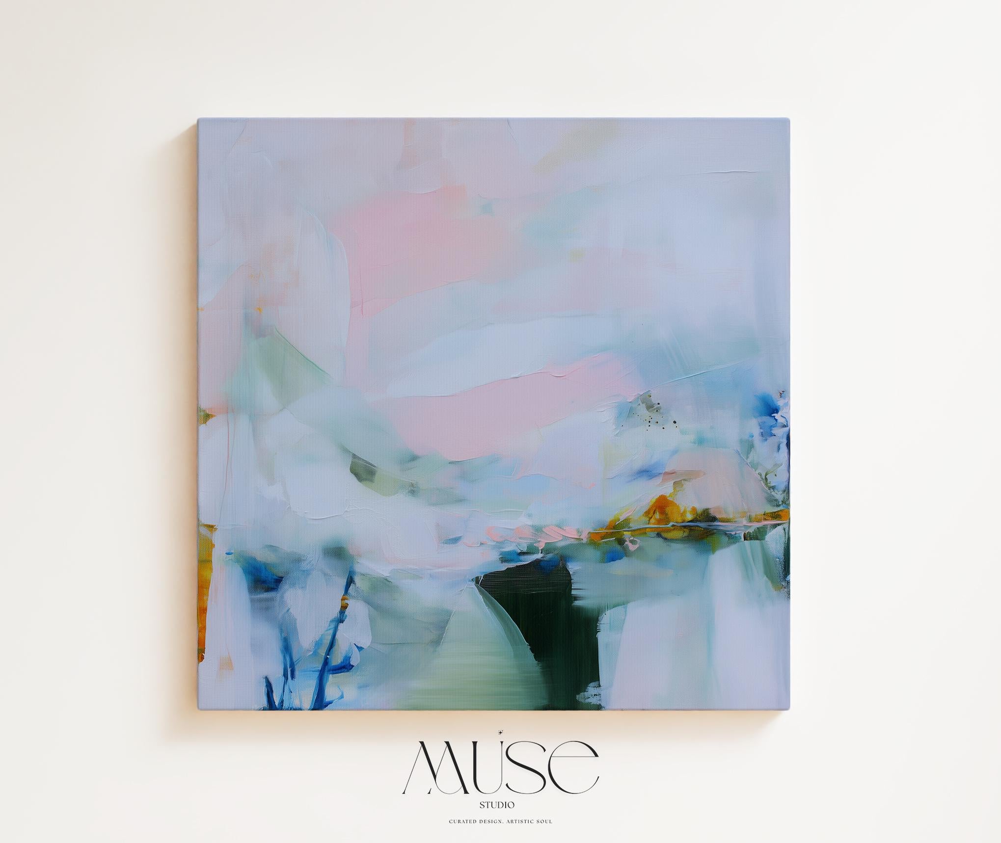 Large colorful abstract art print on stretched canvas, gallery-wrapped and ready to hang. Perfect for vibrant wall decor in homes, modern offices, and staging projects. Giclée canvas print featuring bold brushstrokes, expressive color, and modern statement style. Soft Pastel Abstract Canvas Art Modern Landscape Painting Light Blue Pink Green Wall Decor Horizontal Statement | Muse Studio 420