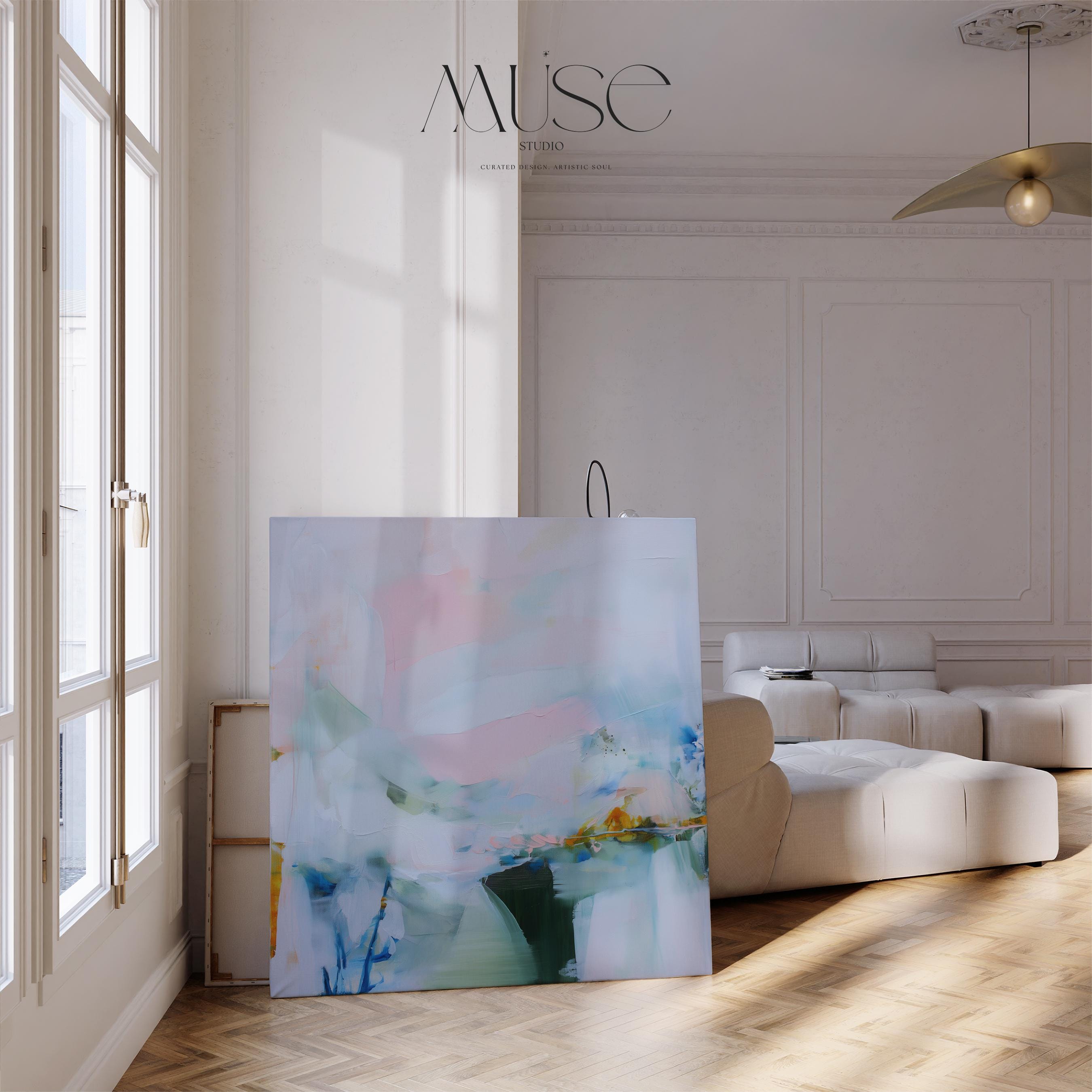 Large colorful abstract art print on stretched canvas, gallery-wrapped and ready to hang. Perfect for vibrant wall decor in homes, modern offices, and staging projects. Giclée canvas print featuring bold brushstrokes, expressive color, and modern statement style. Soft Pastel Abstract Canvas Art Modern Landscape Painting Light Blue Pink Green Wall Decor Horizontal Statement | Muse Studio 420