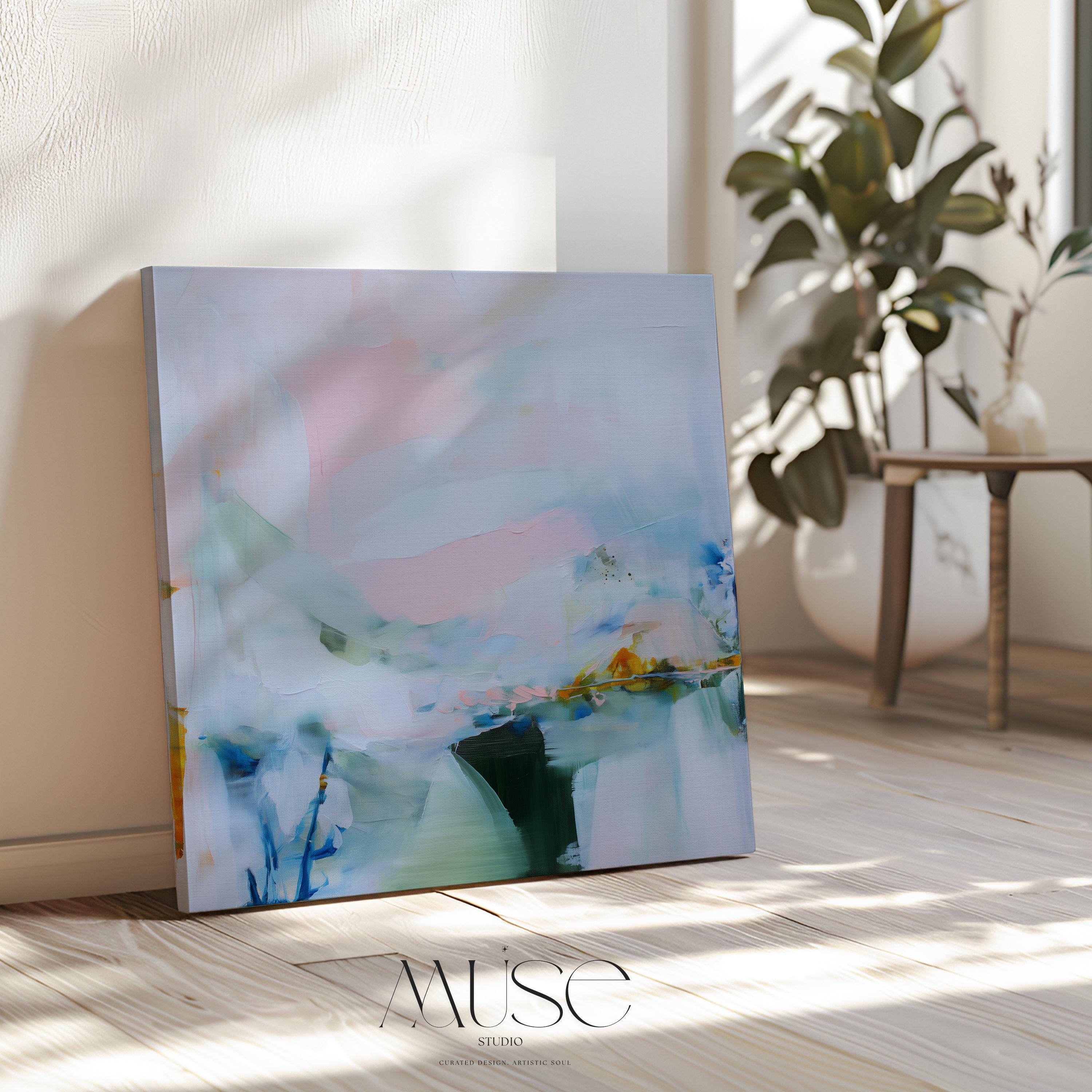 Large colorful abstract art print on stretched canvas, gallery-wrapped and ready to hang. Perfect for vibrant wall decor in homes, modern offices, and staging projects. Giclée canvas print featuring bold brushstrokes, expressive color, and modern statement style.Large Abstract Wall Art Canvas • Soft Pastel Botanical Giclée Print in Blue, Blush & Green • XL Muted Modern Square Living Room Decor • 420