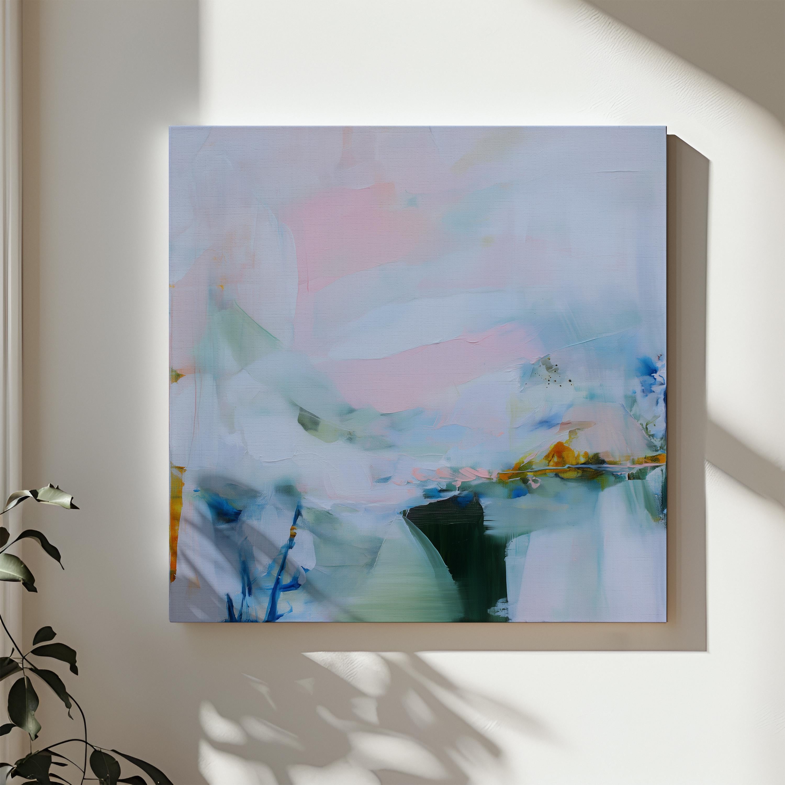 Large colorful abstract art print on stretched canvas, gallery-wrapped and ready to hang. Perfect for vibrant wall decor in homes, modern offices, and staging projects. Giclée canvas print featuring bold brushstrokes, expressive color, and modern statement style. Soft Pastel Abstract Canvas Art Modern Landscape Painting Light Blue Pink Green Wall Decor Horizontal Statement | Muse Studio 420