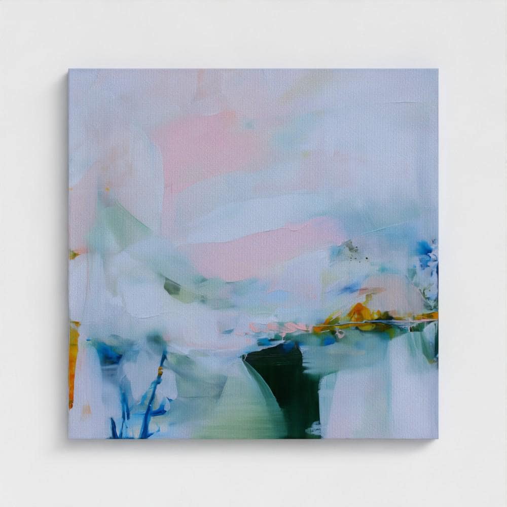 Large colorful abstract art print on stretched canvas, gallery-wrapped and ready to hang. Perfect for vibrant wall decor in homes, modern offices, and staging projects. Giclée canvas print featuring bold brushstrokes, expressive color, and modern statement style. Soft Pastel Abstract Canvas Art Modern Landscape Painting Light Blue Pink Green Wall Decor Horizontal Statement | Muse Studio 420
