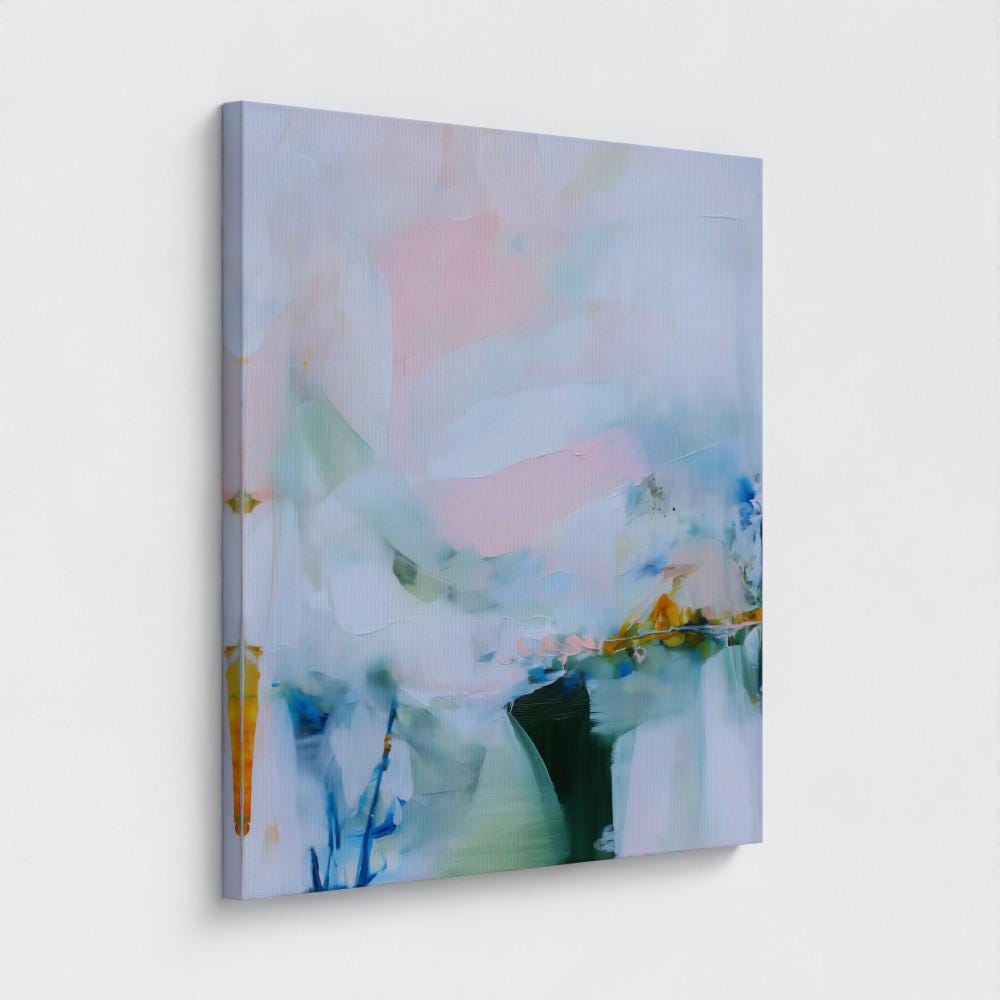 Large colorful abstract art print on stretched canvas, gallery-wrapped and ready to hang. Perfect for vibrant wall decor in homes, modern offices, and staging projects. Giclée canvas print featuring bold brushstrokes, expressive color, and modern statement style. Soft Pastel Abstract Canvas Art Modern Landscape Painting Light Blue Pink Green Wall Decor Horizontal Statement | Muse Studio 420