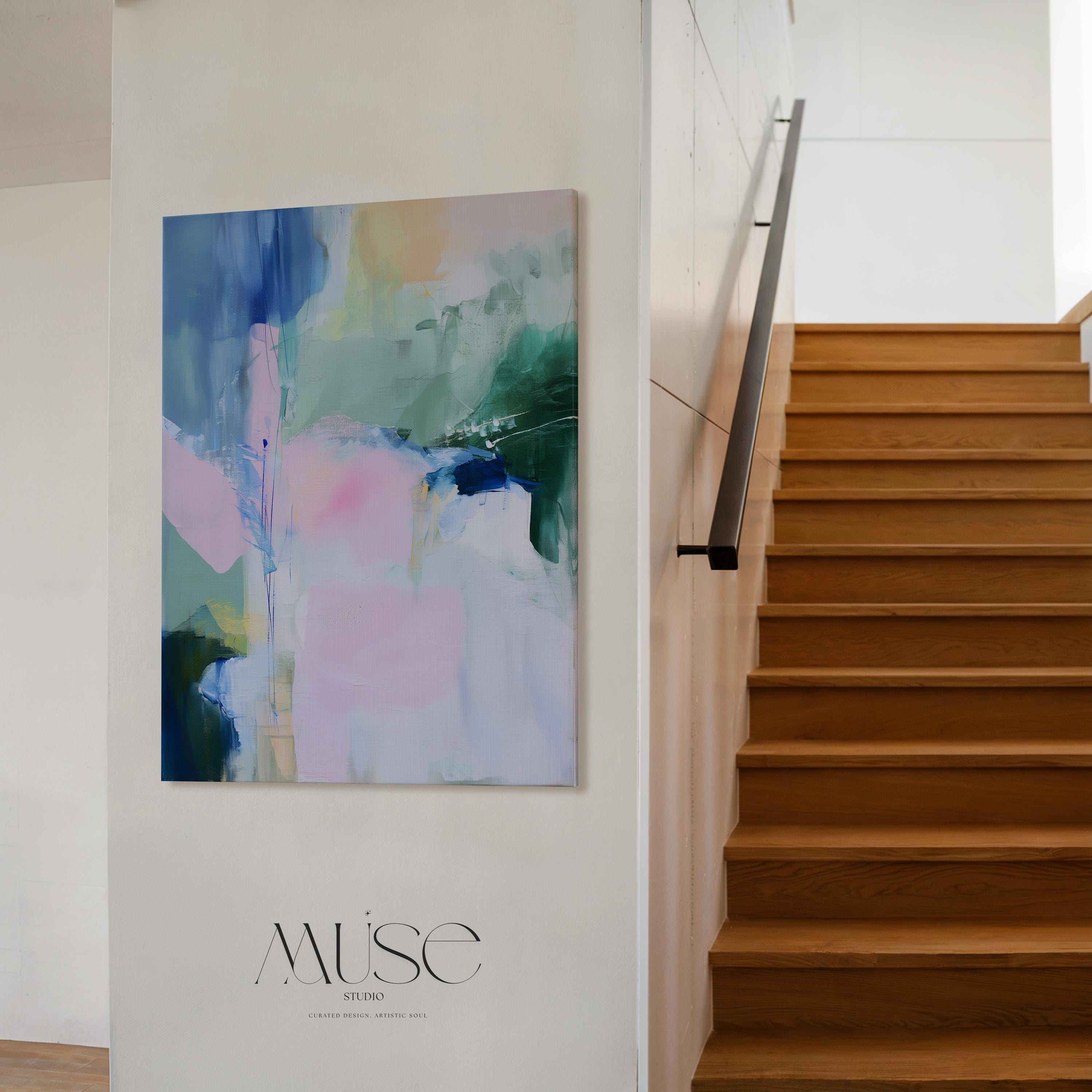Floral abstract canvas art print by Muse Studio featuring soft blue, green, and pink botanical-inspired brushwork on premium gallery-wrapped artist canvas with museum-grade giclée inks. Vertical wall decor styled for bedrooms, living rooms, offices, nurseries, and soft pastel cottage or modern floral interiors.