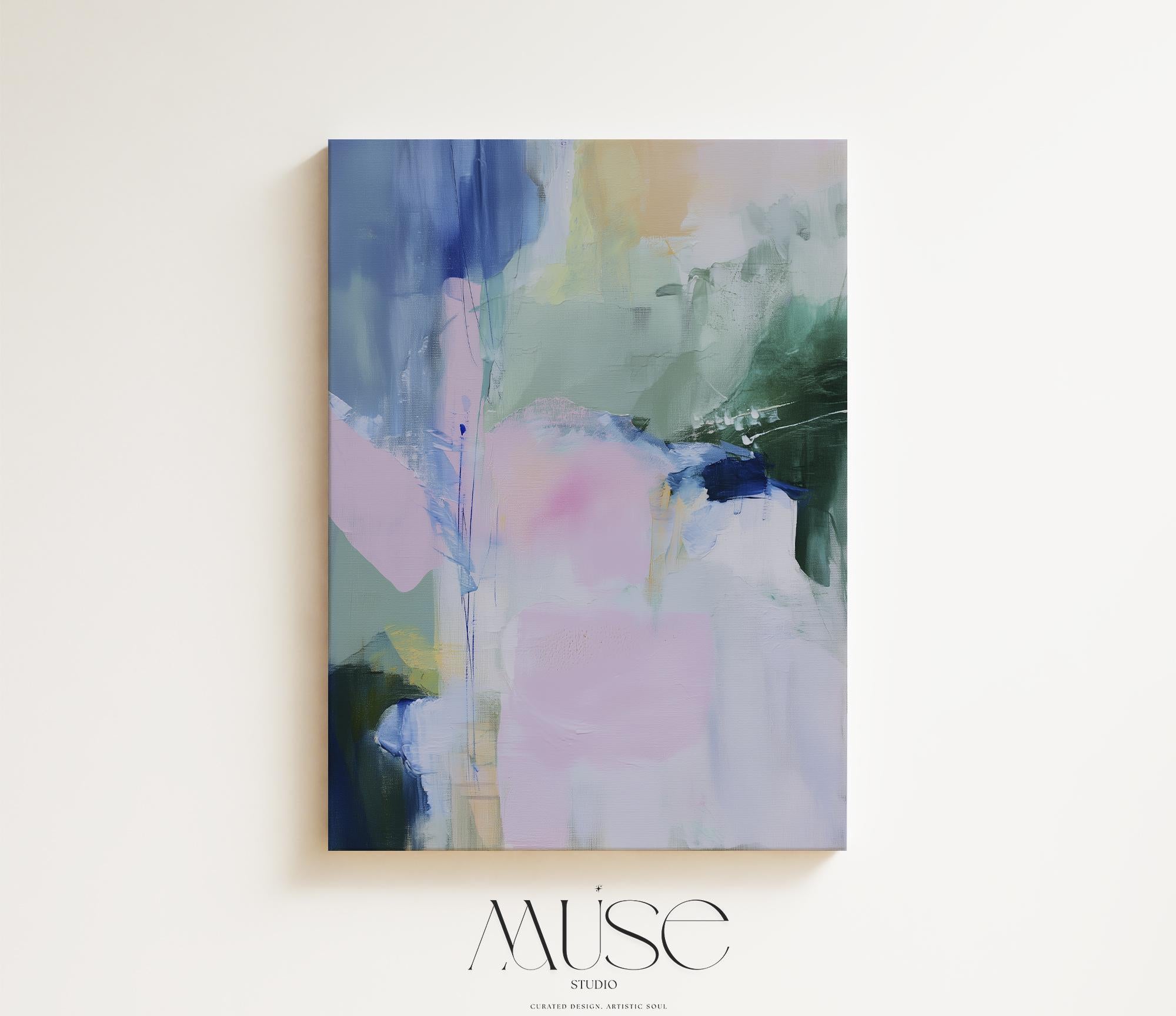 Large colorful abstract art print on stretched canvas, gallery-wrapped and ready to hang. Perfect for vibrant wall decor in homes, modern offices, and staging projects. Giclée canvas print featuring bold brushstrokes, expressive color, and modern statement style. Muted Modern Canvas Art Vertical Abstract Painting in Blue Green Pink Soft Contemporary Wall Decor for Living Room | Muse Studio 421