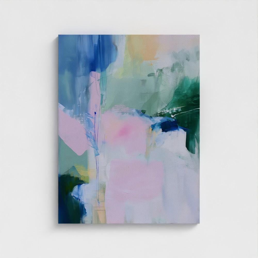 Floral abstract canvas art print by Muse Studio featuring soft blue, green, and pink botanical-inspired brushwork on premium gallery-wrapped artist canvas with museum-grade giclée inks. Vertical wall decor styled for bedrooms, living rooms, offices, nurseries, and soft pastel cottage or modern floral interiors.