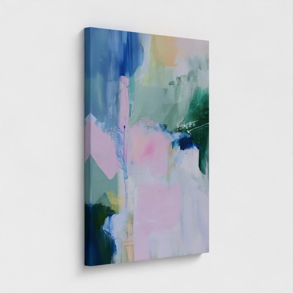 Floral abstract canvas art print by Muse Studio featuring soft blue, green, and pink botanical-inspired brushwork on premium gallery-wrapped artist canvas with museum-grade giclée inks. Vertical wall decor styled for bedrooms, living rooms, offices, nurseries, and soft pastel cottage or modern floral interiors.