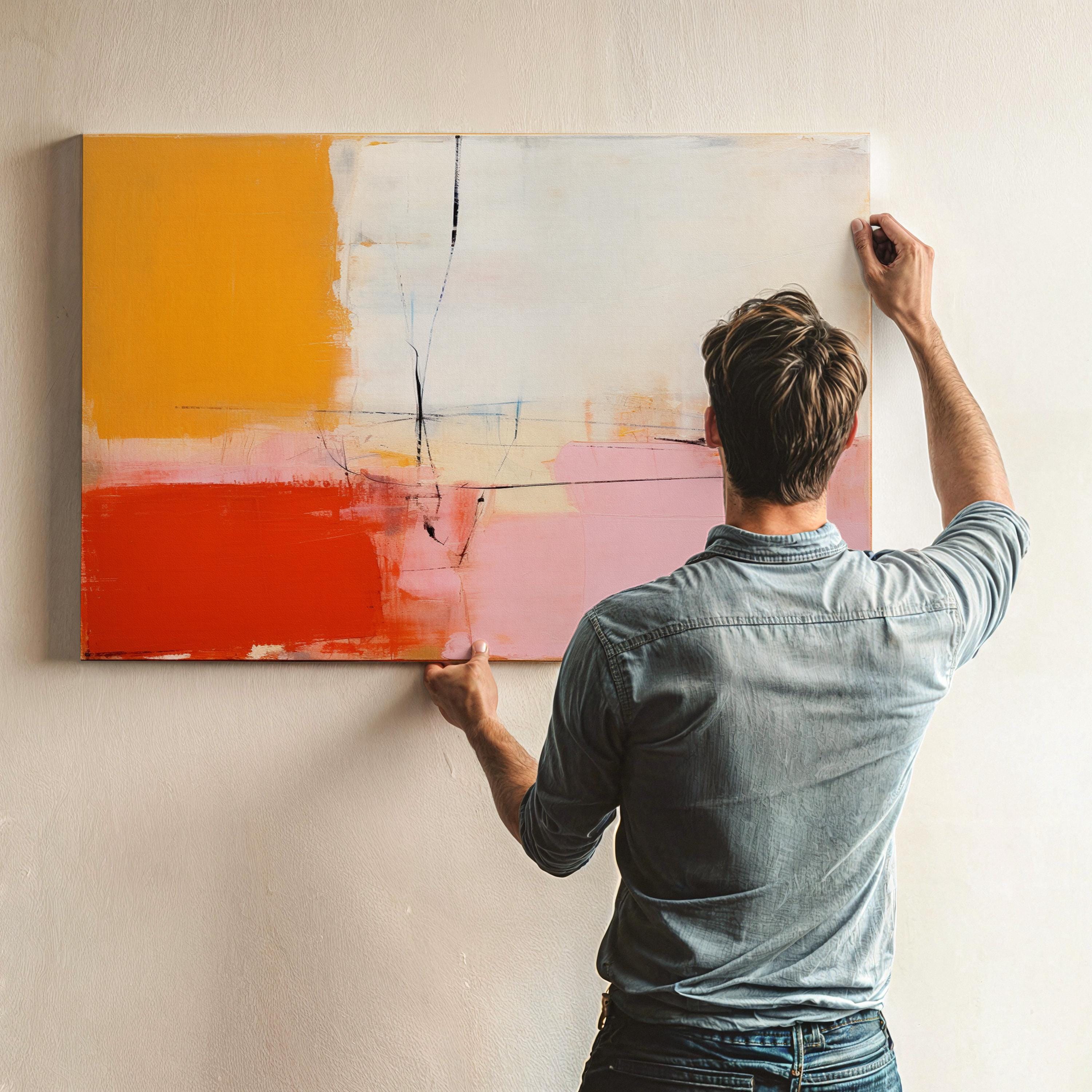 Modern Color Block Canvas Art in Red Pink and Yellow, Horizontal Wall Art for Living Room, Abstract Wall Art Bold Decor Interiors 109