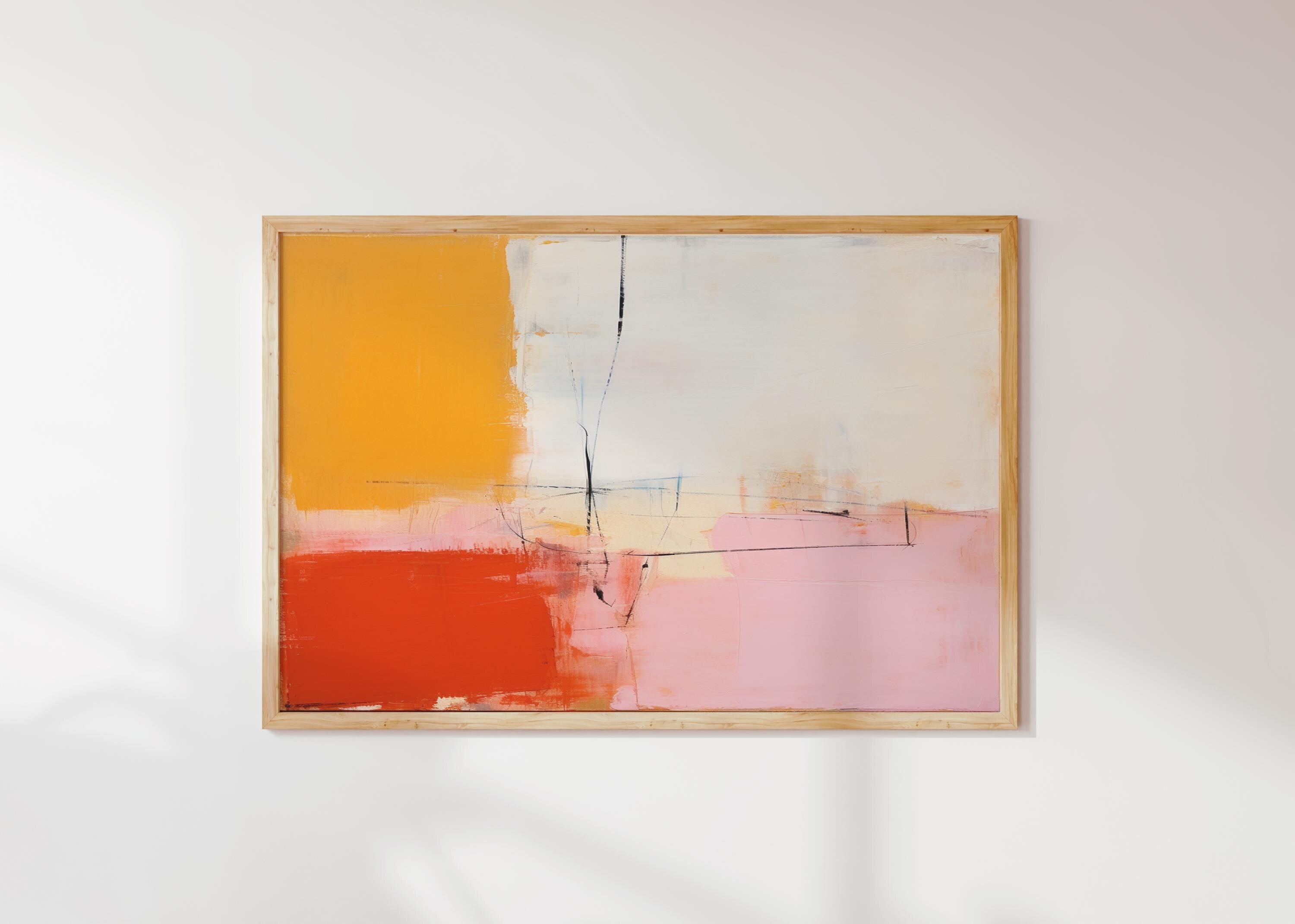 Modern Color Block Canvas Art in Red Pink and Yellow, Horizontal Wall Art for Living Room, Abstract Print Poster Bold Decor Interiors 109