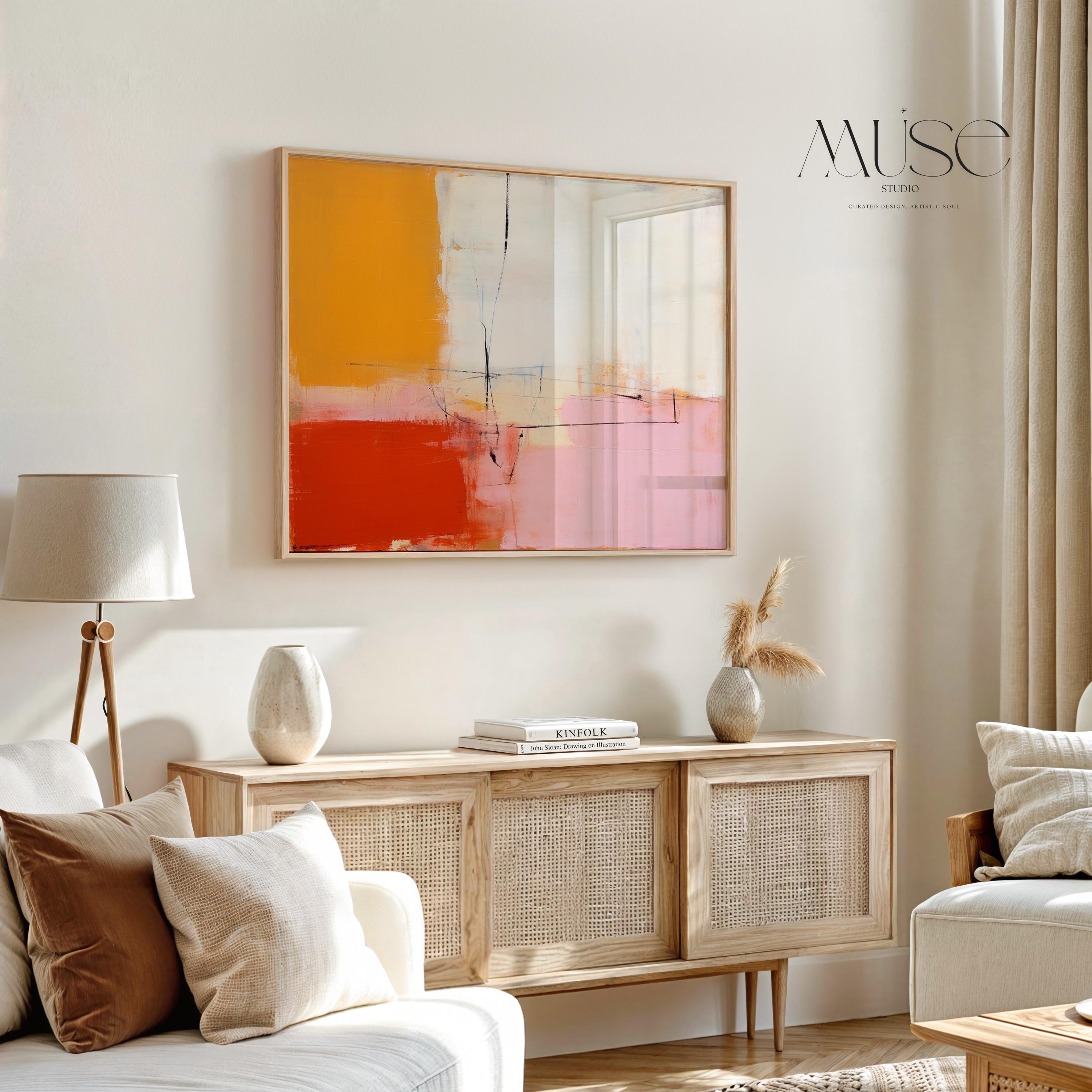 Modern Color Block Canvas Art in Red Pink and Yellow, Horizontal Wall Art for Living Room, Abstract Print Poster Bold Decor Interiors 109