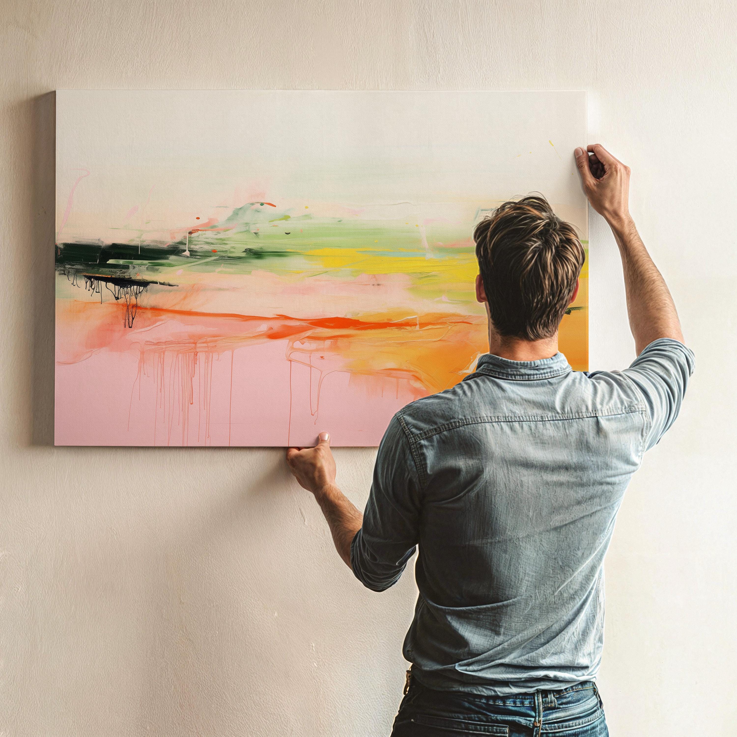 Large Horizontal Canvas Wall Art in Pink and Green, Abstract Framed Decor Art for Living Room or Office, Modern Statement Artwork 290