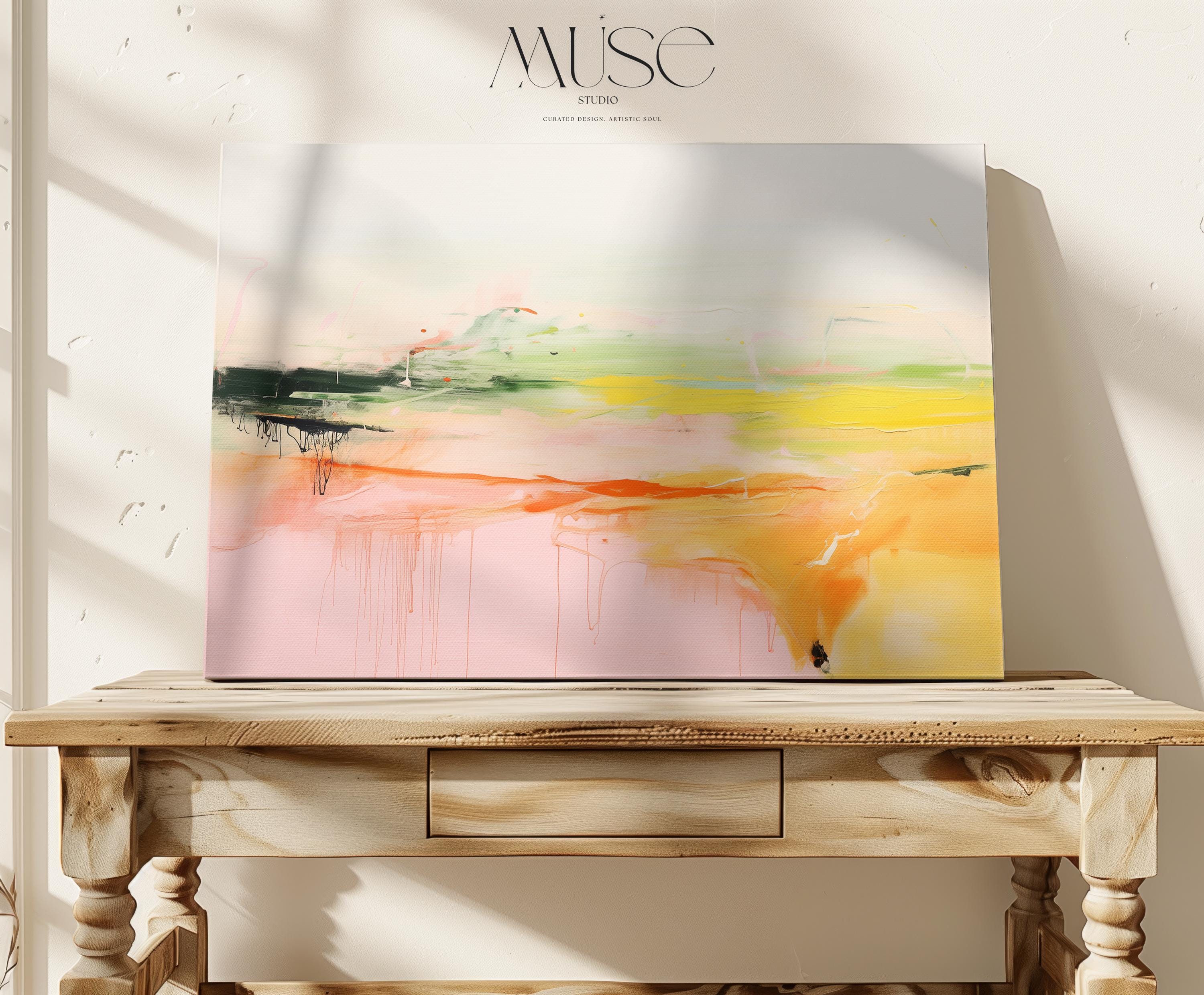 Large Horizontal Canvas Wall Art in Pink and Green, Abstract Framed Decor Art for Living Room or Office, Modern Statement Artwork 290