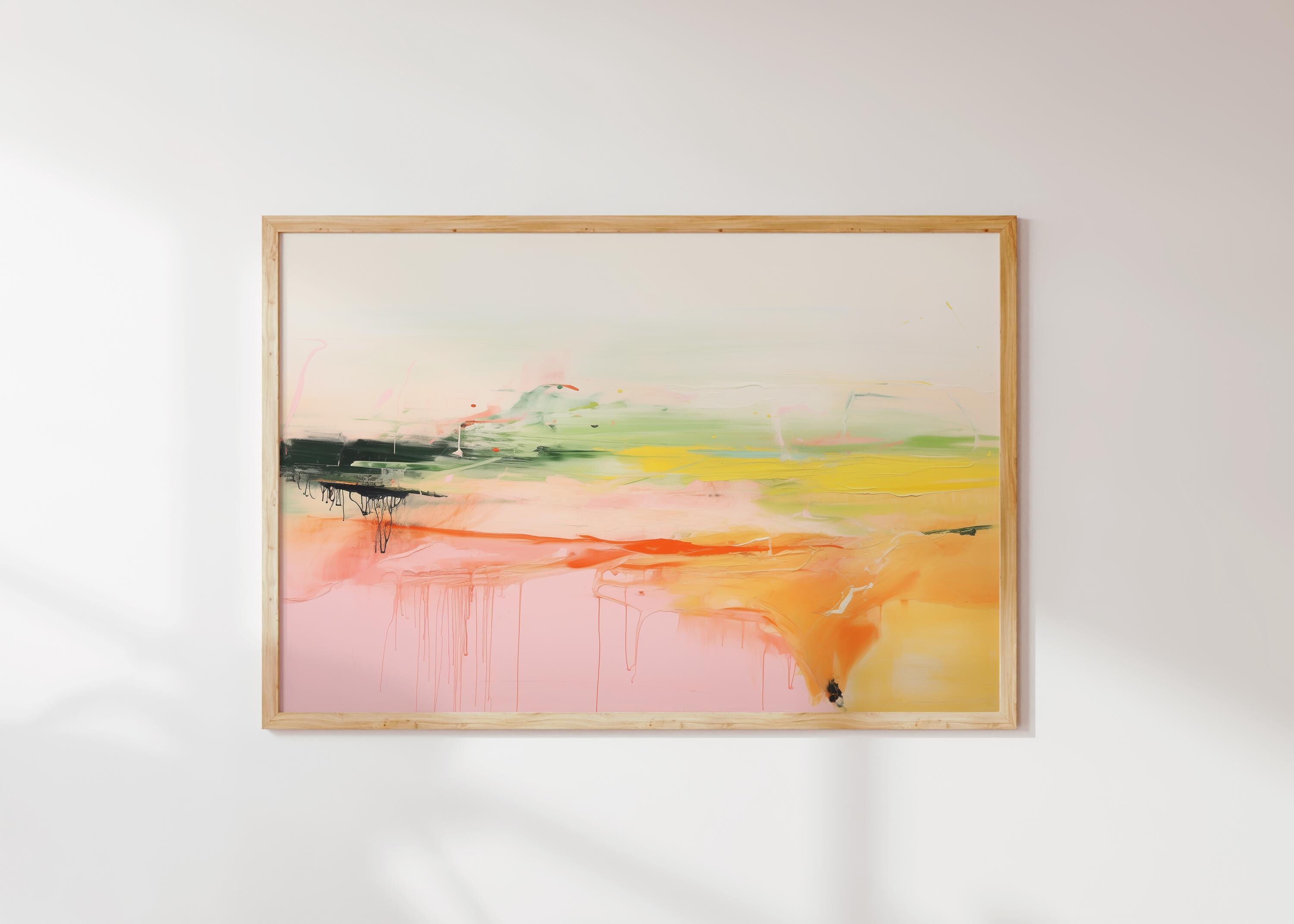 Fine Art Poster Print in Pink and Green, Large Horizontal Abstract Landscape Wall Art, Modern Decor Art for Living Room or Office 290