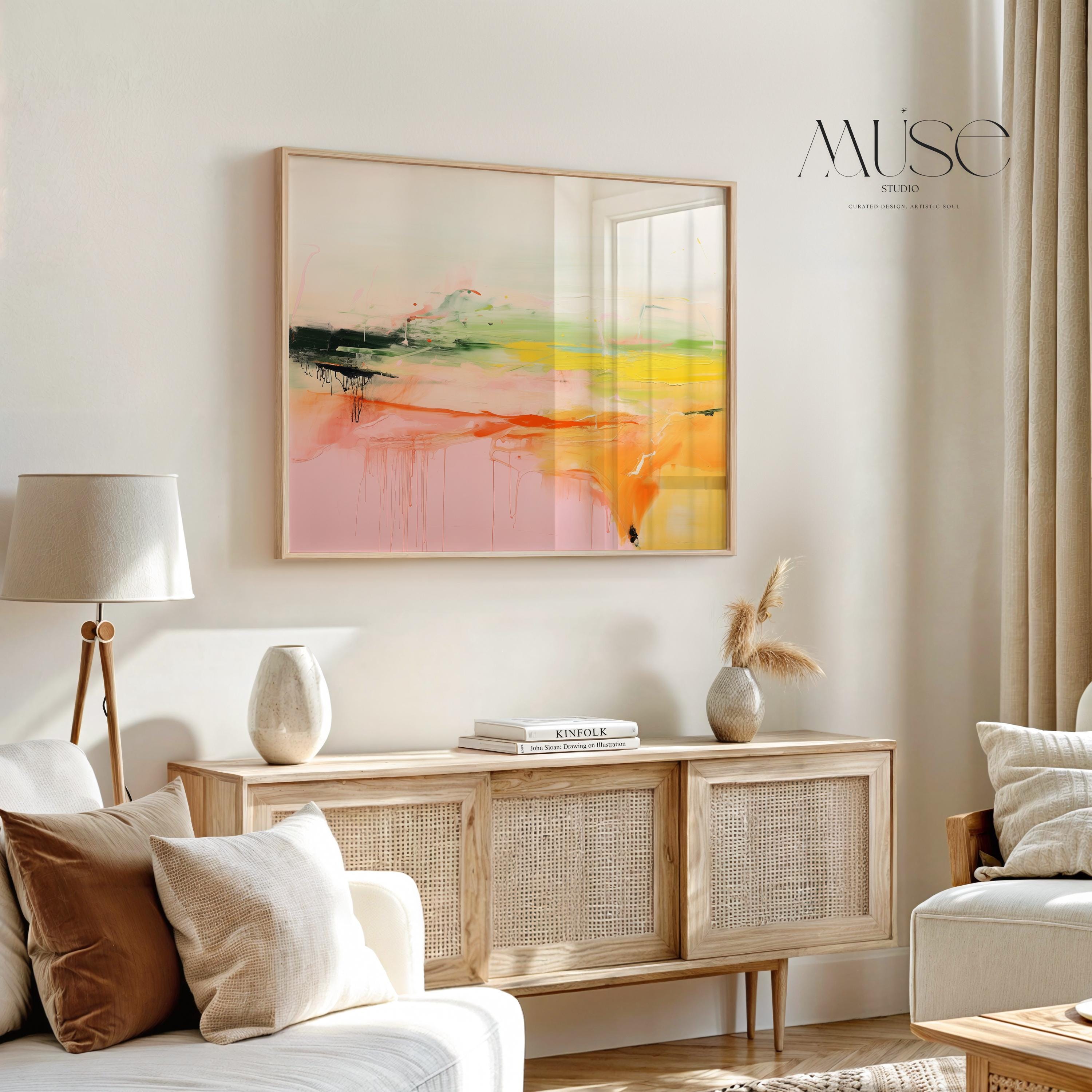 Fine Art Poster Print in Pink and Green, Large Horizontal Abstract Landscape Wall Art, Modern Decor Art for Living Room or Office 290
