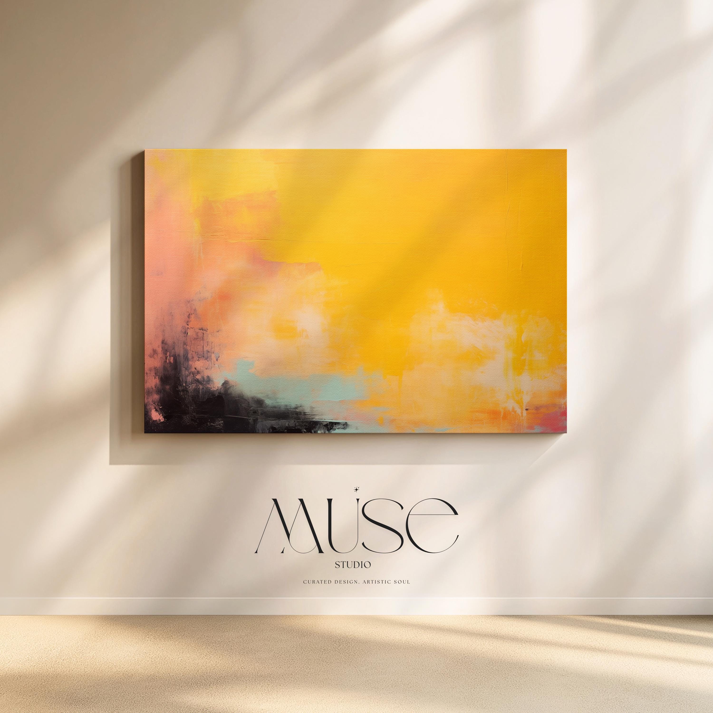 Large Yellow Abstract Canvas Wall Art, Horizontal Statement Art for Living Room or Office, Bright Sunset Boho Decor Art Golden Orange 307