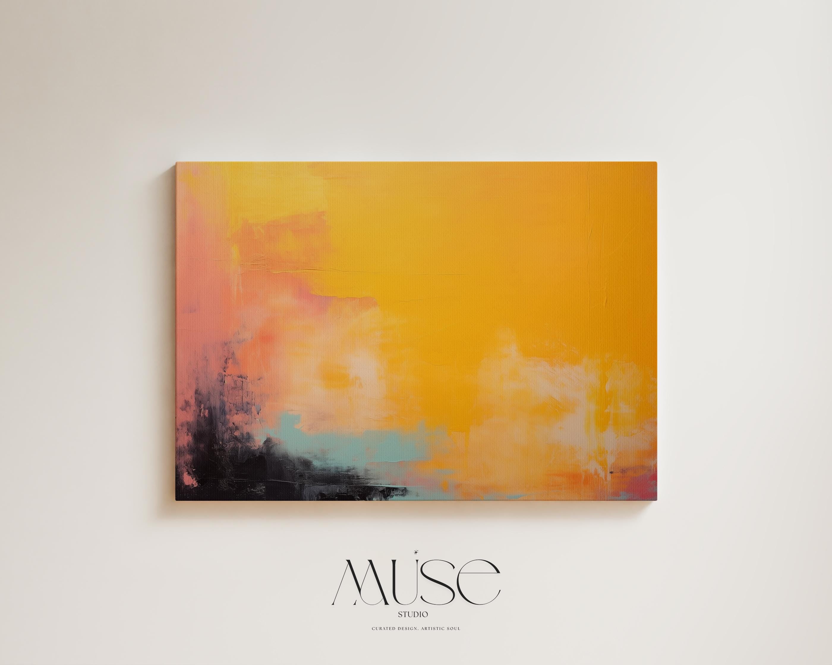 Large Yellow Abstract Canvas Wall Art, Horizontal Statement Art for Living Room or Office, Bright Sunset Boho Decor Art Golden Orange 307