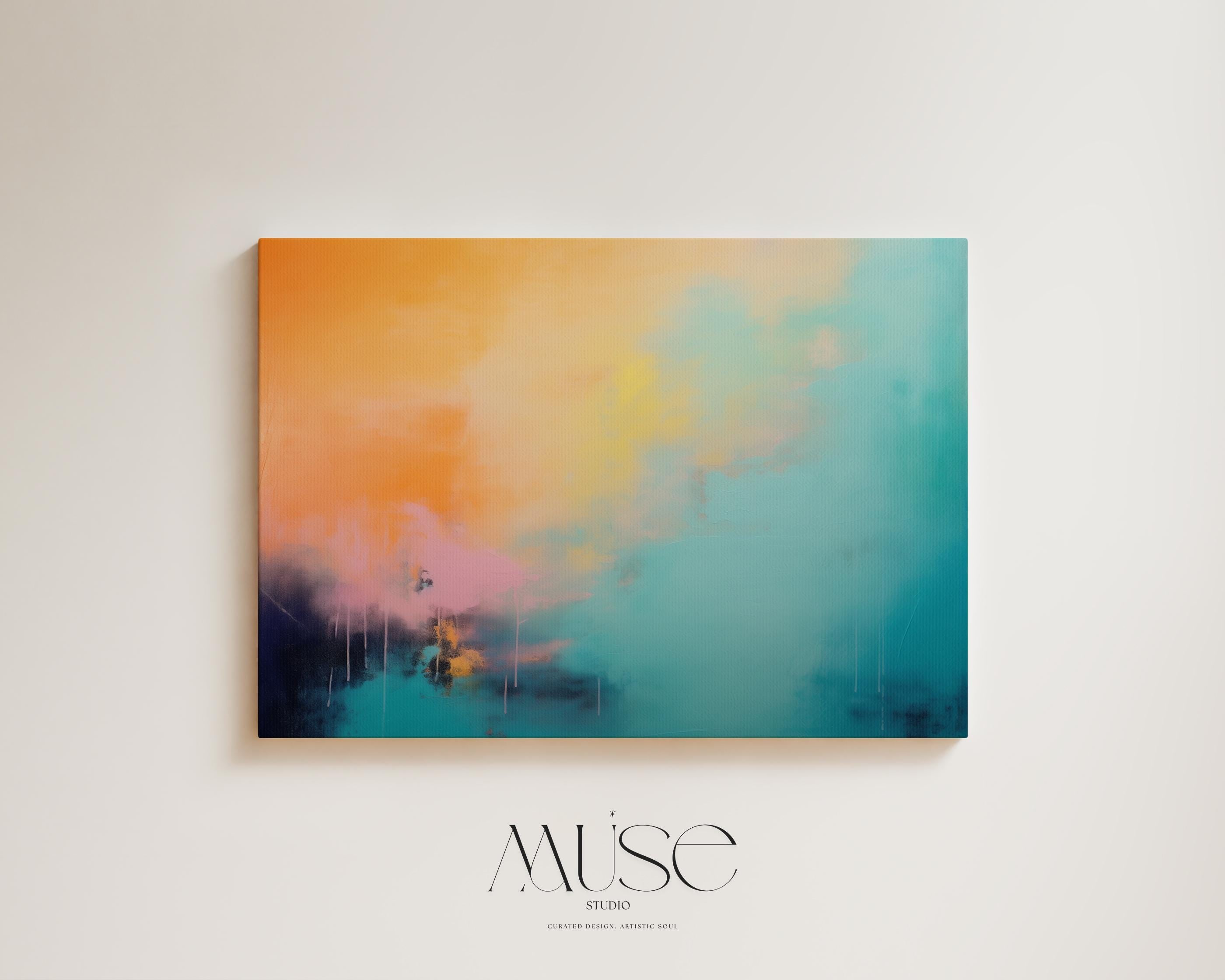 Large Canvas Abstract Wall Art in Turquoise and Peach, Horizontal Framed Statement Art for Living Room or Office, Color Pop Modern Decor 308