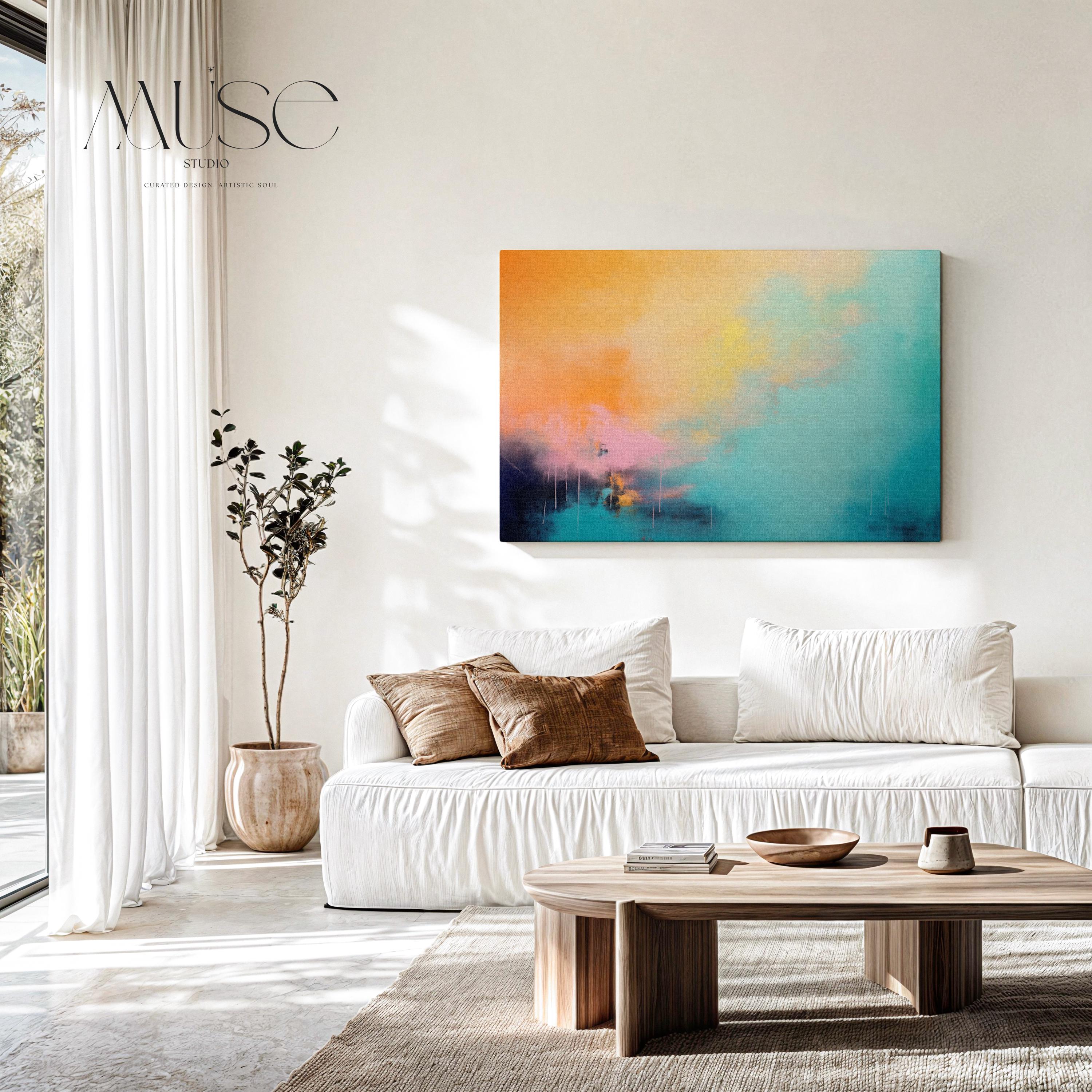 Large Canvas Abstract Wall Art in Turquoise and Peach, Horizontal Framed Statement Art for Living Room or Office, Color Pop Modern Decor 308