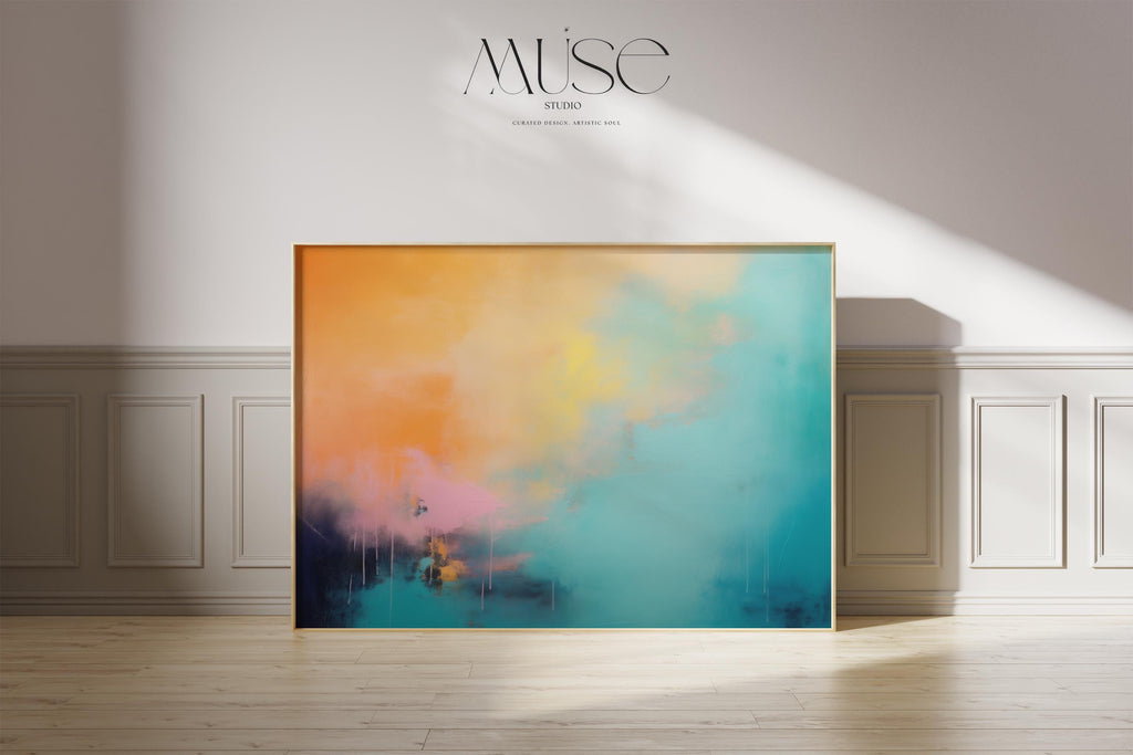 Abstract Poster Print in Turquoise and Peach, Large Horizontal Wall Art for Home Office or Bedroom, Modern Fine Art for Bold Decor 308