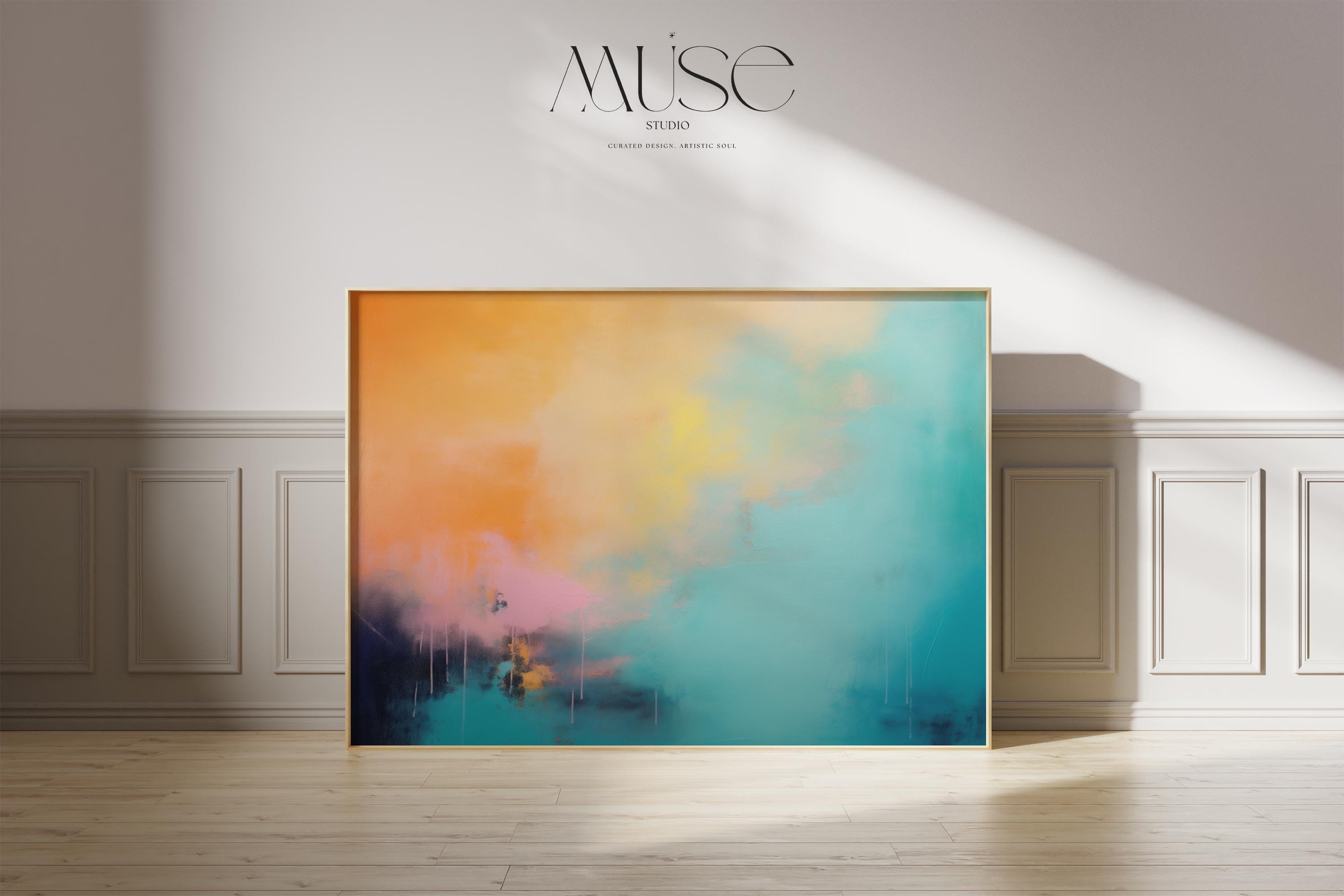 Abstract Poster Print in Turquoise and Peach, Large Horizontal Wall Art for Home Office or Bedroom, Modern Fine Art for Bold Decor 308