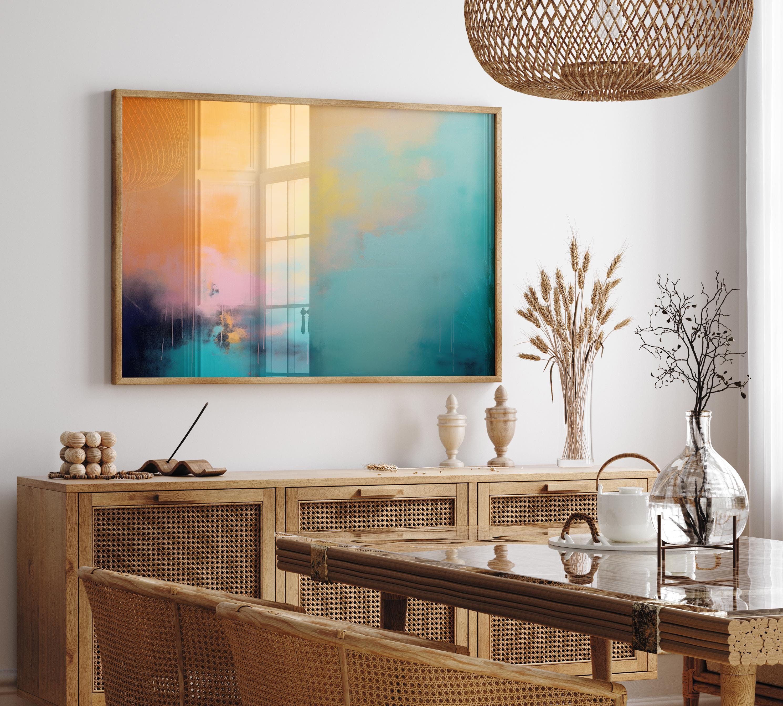 Abstract Poster Print in Turquoise and Peach, Large Horizontal Wall Art for Home Office or Bedroom, Modern Fine Art for Bold Decor 308