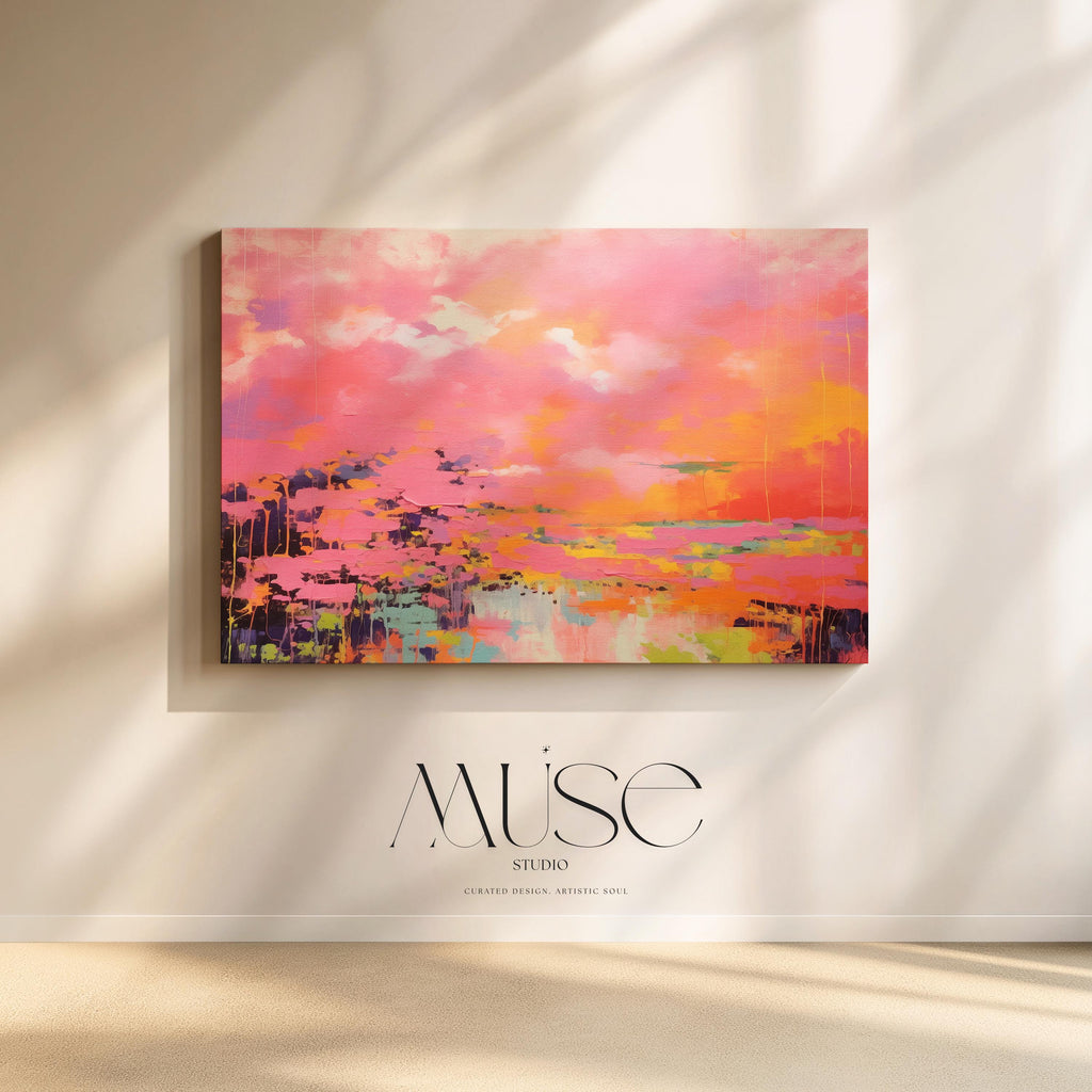Bright Pink and Orange Abstract Wall Art, Horizontal Framed Canvas for Living Room or Office, Summer Preppy Statement Decor Art 313