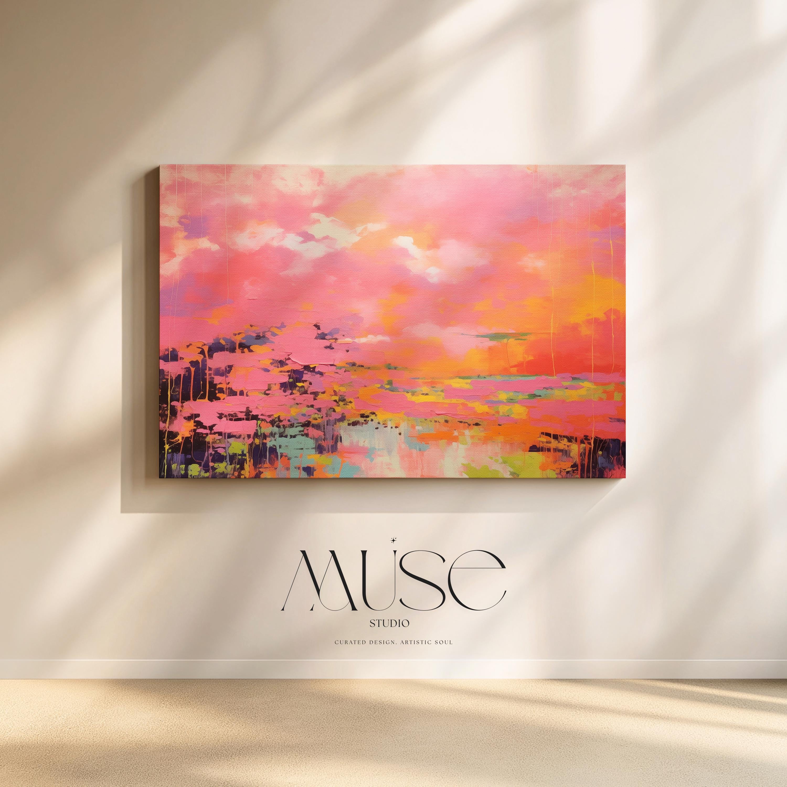 Bright Pink and Orange Abstract Wall Art, Horizontal Framed Canvas for Living Room or Office, Summer Preppy Statement Decor Art 313