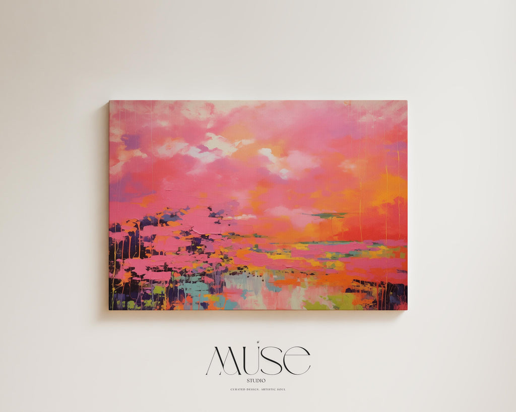 Bright Pink and Orange Abstract Wall Art, Horizontal Framed Canvas for Living Room or Office, Summer Preppy Statement Decor Art 313